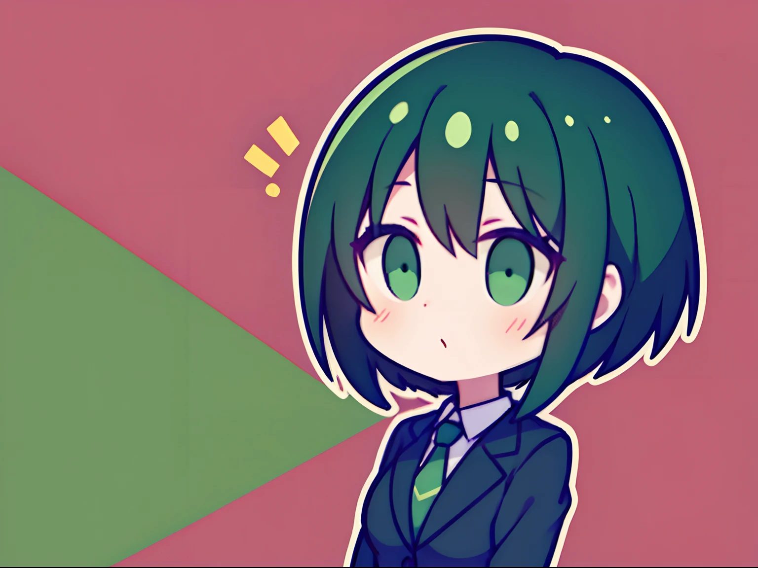 Girl in suit with short green and black hair