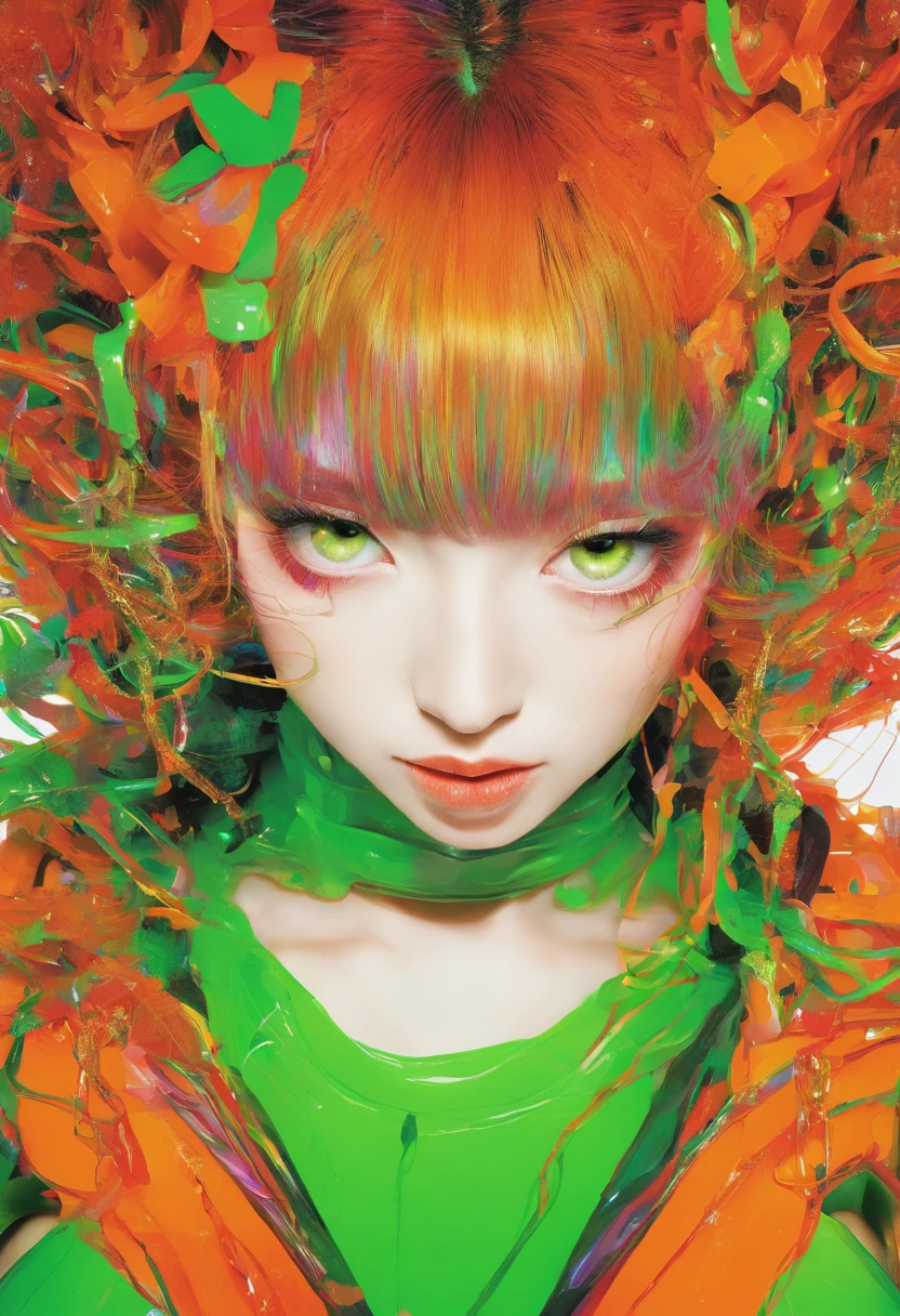 Close up photo portrait a woman with bright green paint, wearing chains, in the style of neon realism, colorful fantasy realism, dark orange and light green, colorful realism, comic art, artist ron alan elke ‘i am glowing girl , multilayered realism, uhd image , photography by David LaChapelle,