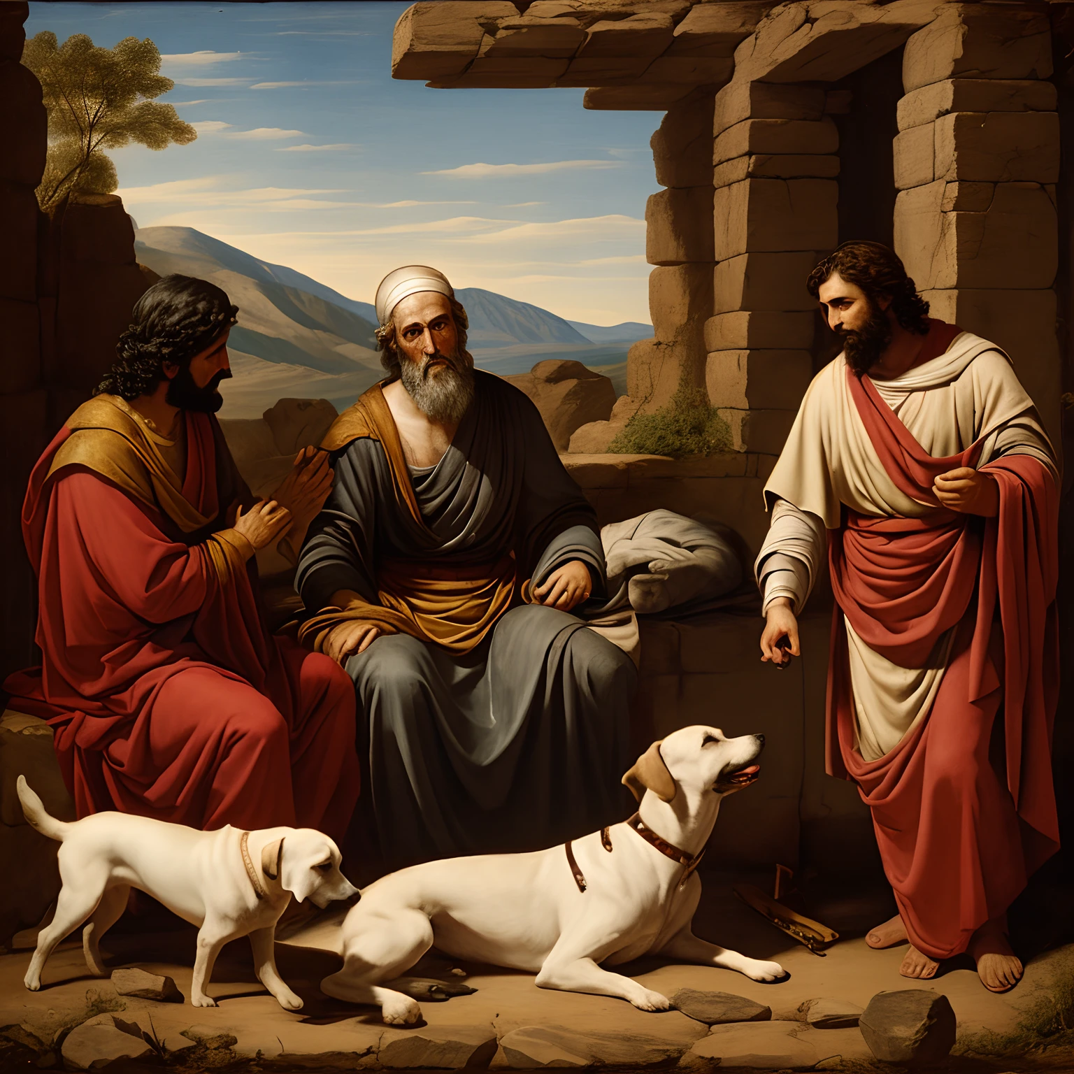 A biblical man named Lazarus with wounds being licked by dogs