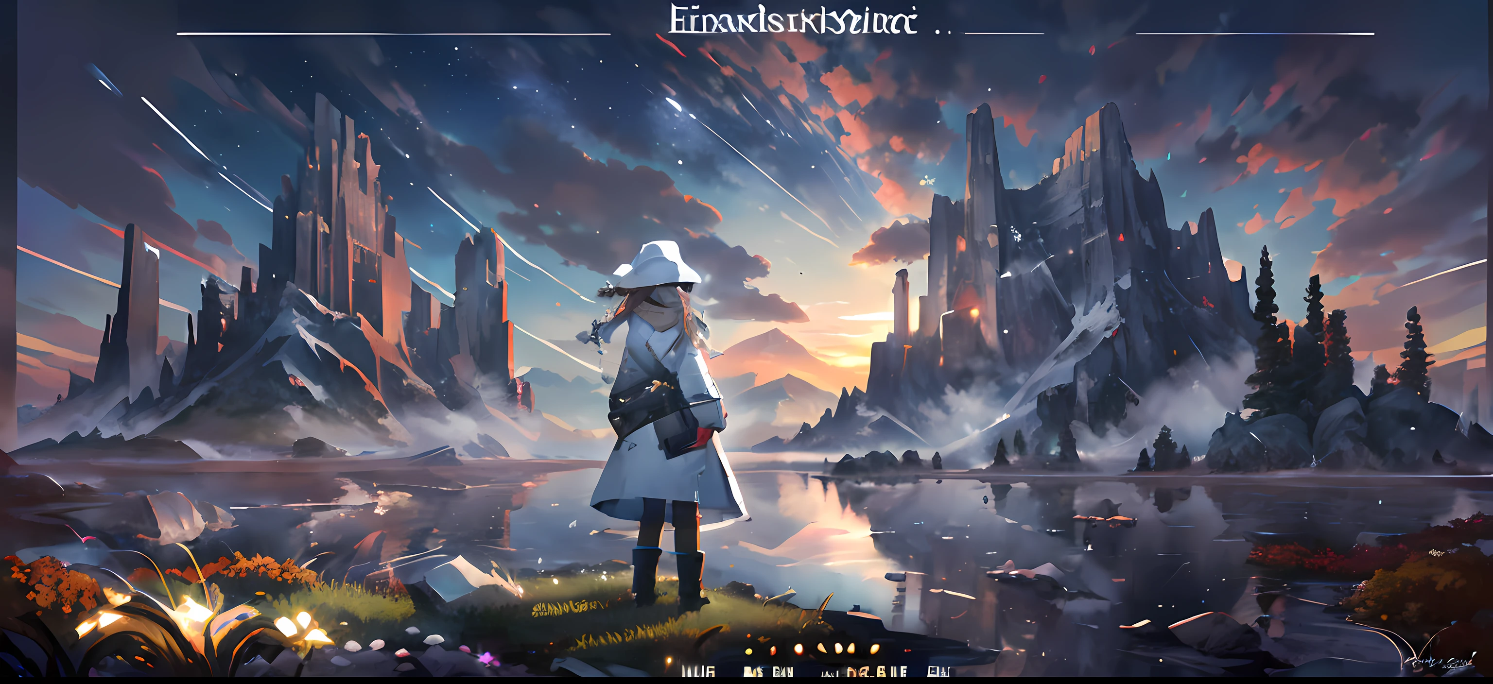 ((Best quality)), ((Masterpiece)), ((Ultra-detailed)), (illustration), (Detailed light), (An extremely delicate and beautiful),((Trim)),
incredibly_absurderes,(Ray tracing),(Autumn),
(signatures),(English text:1.5),((Beautiful sky)),(Starry sky),(scenery),((Mountain)),(Extinct volcanoes),(Cloud),((Nature)),(Grass),((Heavy fog)),(Pine),(flower),(stone),(rock music), (((Border))),((Trim)),
((Solo:1.8)),(1girll:1.3),((A beautiful girl)),(((Full body shot))),((standing on your feet)),(Facing away),(+Perfect hand+:1.21),(((White coat))),((Beautiful white dress+White knee boots)),((Portate)),((White hat)),(White scarf),(leg loops),(((Long white_Hair))),
(signatures),(English text:1.5),((Beautiful sky)),(Starry sky),(scenery),((Mountain)),(Extinct volcanoes),(Cloud),((Nature)),(Grass),((Heavy fog)),(Pine),(flower),(stone),(rock music), (((Border))),((Trim))