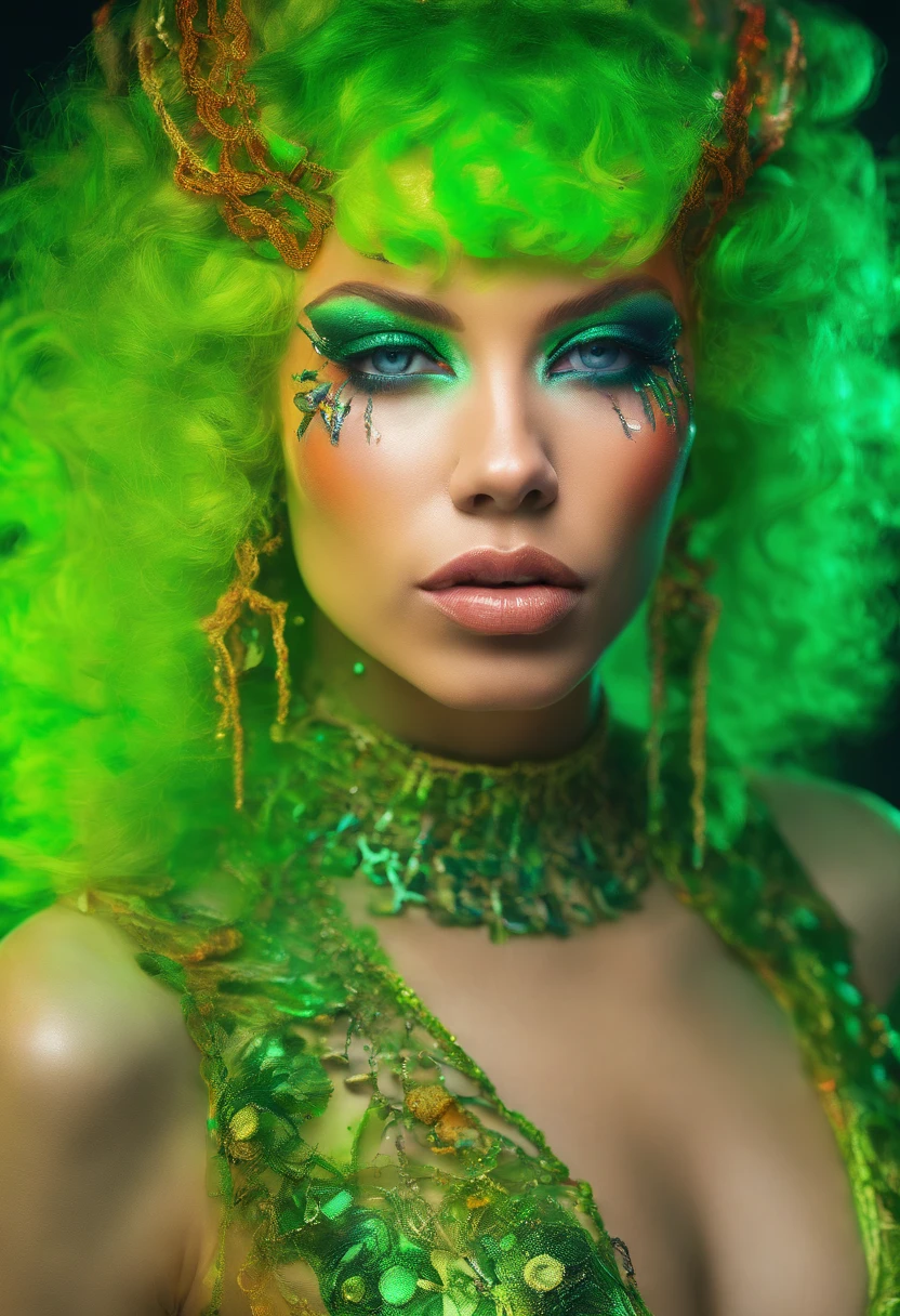 Close up photo portrait a woman with bright green paint, wearing chains, in the style of neon realism, colorful fantasy realism, dark orange and light green, colorful realism, comic art, artist ron alan elke ‘i am glowing girl , multilayered realism, uhd image , photography by David LaChapelle,