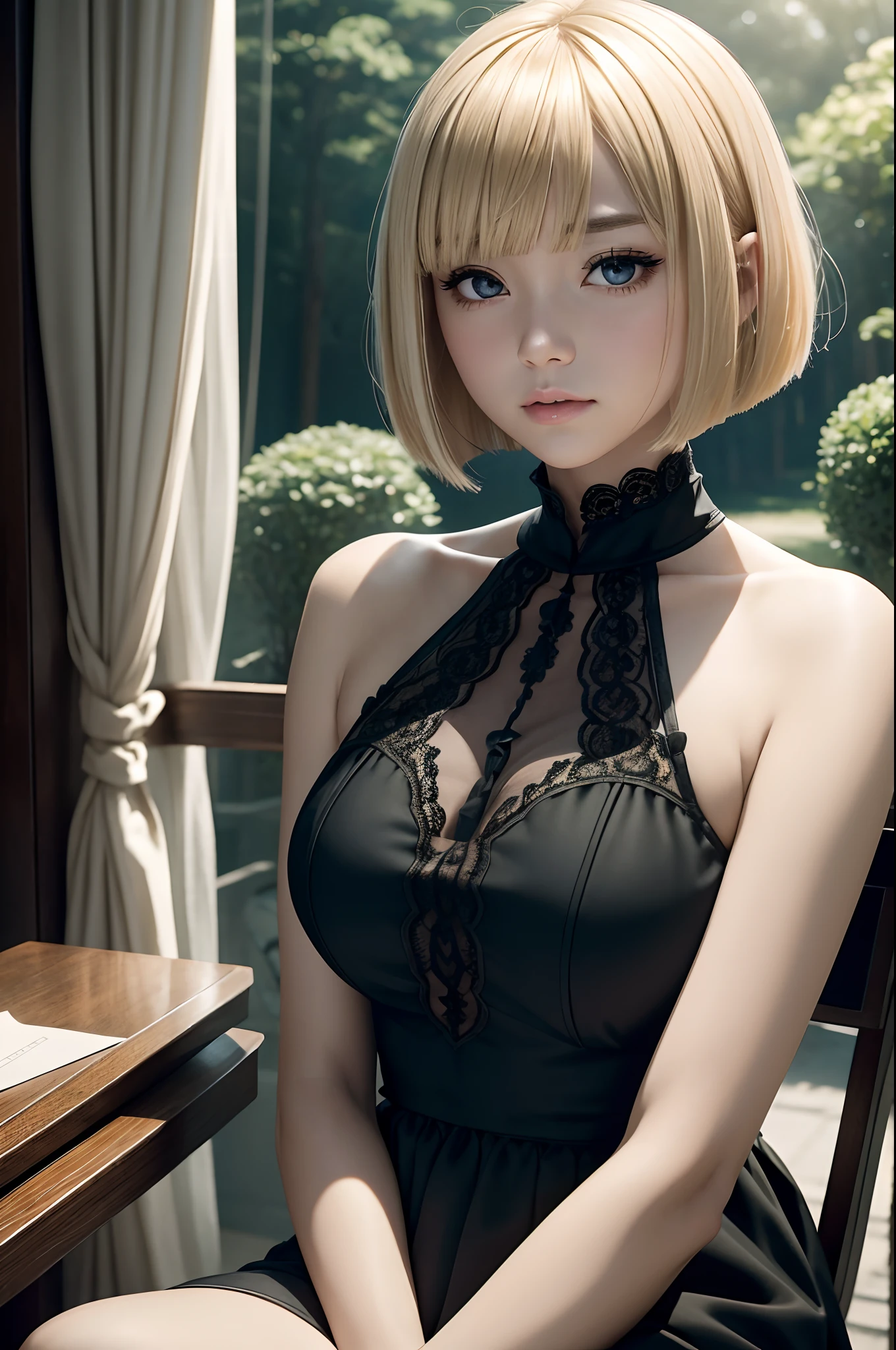 A 26 year old girl、(masterpiece:1.4)、(in 8K、realisitic、Raw photo、top-quality:1.4)、(Real Face:1.4)、(real looking skin:1.3)、超A high resolution、A hyper-realistic、Eyes in Beautiful Details、Blonde Bob Cut、耳Nipple Ring、Black dress、Black pants、high detailing、(huge-breasted:1.5)、gargantilha、Blushing、Embarrassed look、alluring face、Night Bar、Sit on the sofa