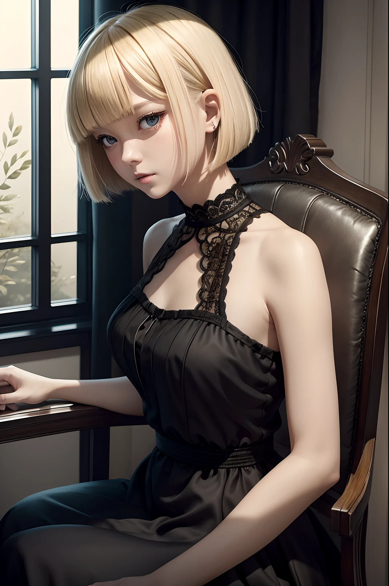Beautiful woman with short blonde hair with a bob cut with blue eyes wearing a tight white shirt, black skirt and stockings, sits on a office chair with her legs down ((spreading legs just a bit :1.2)) so the lace wet panties can be seen,
(red lipstick),(elegant black mascara),(slim body),(medium small breasts)