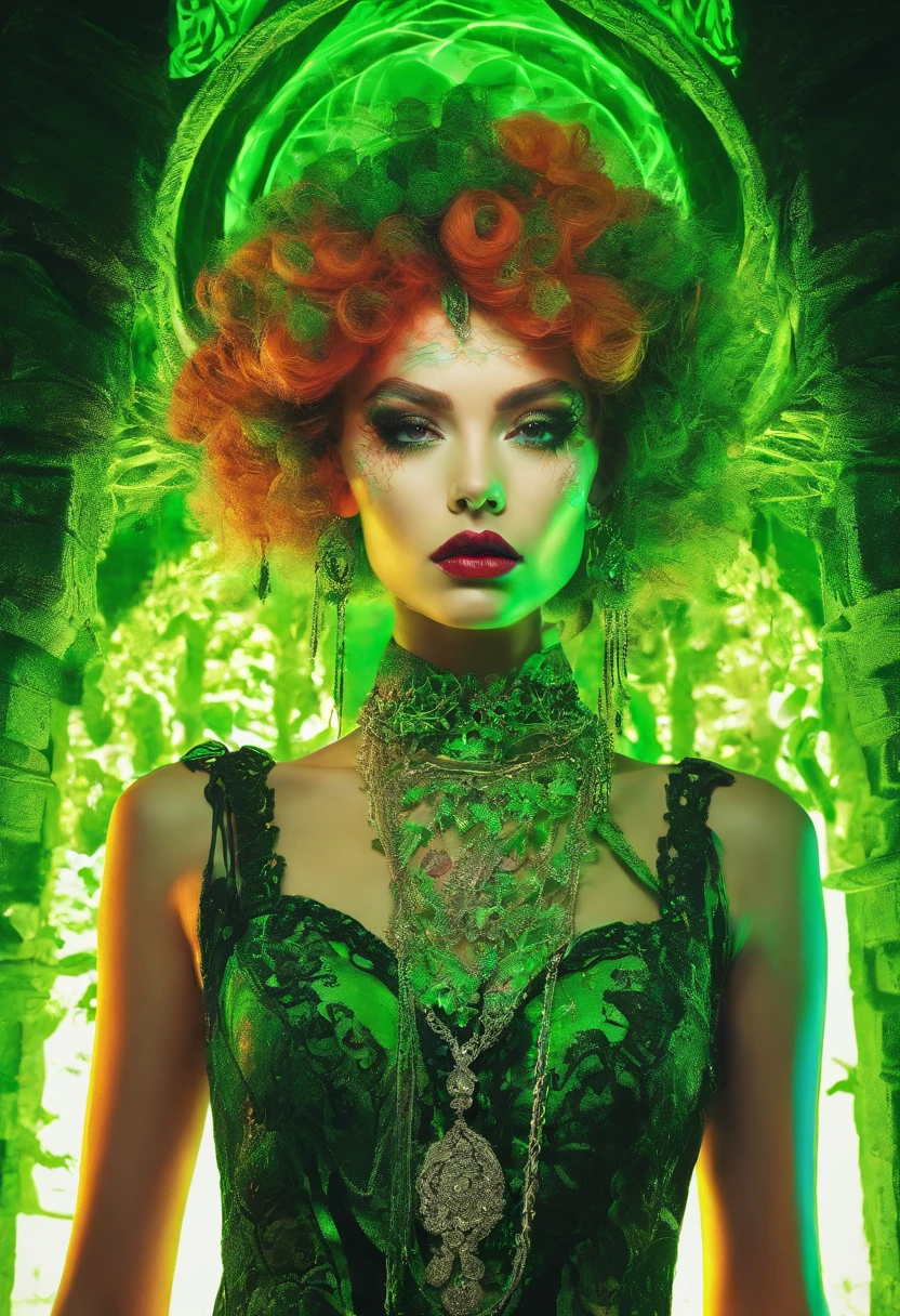 Close up photo portrait a woman with bright green paint, wearing chains, in the style of neon realism, colorful fantasy realism, dark orange and light green, colorful realism, comic art, artist ron alan elke ‘i am glowing girl , multilayered realism, uhd image , photography by David LaChapelle,