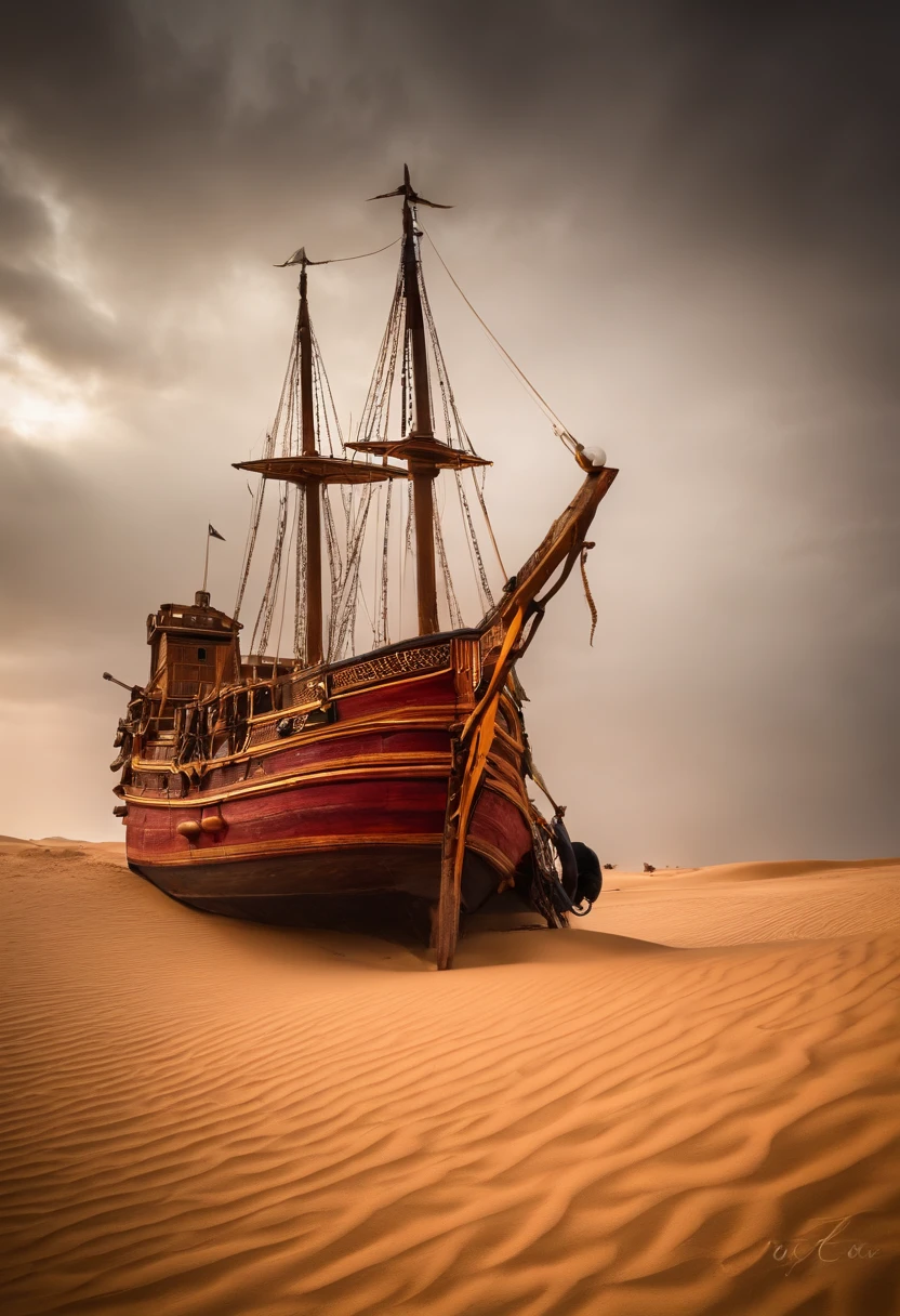 bateau pirate dans un desert de sable