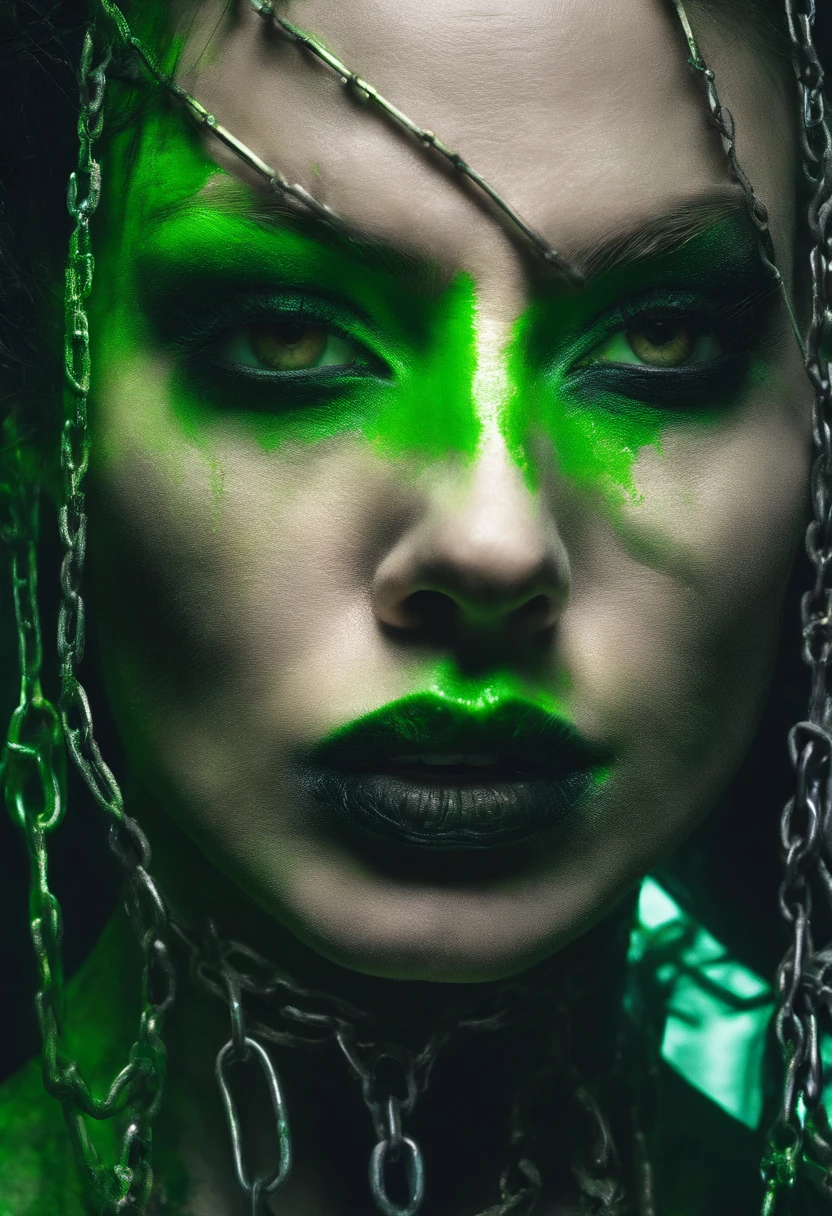 Close up photo portrait a woman with bright green paint, wearing chains, in the style of neon realism, colorful fantasy realism, dark orange and light green, colorful realism, comic art, artist ron alan elke ‘i am glowing girl , multilayered realism, uhd image , photography by David LaChapelle,