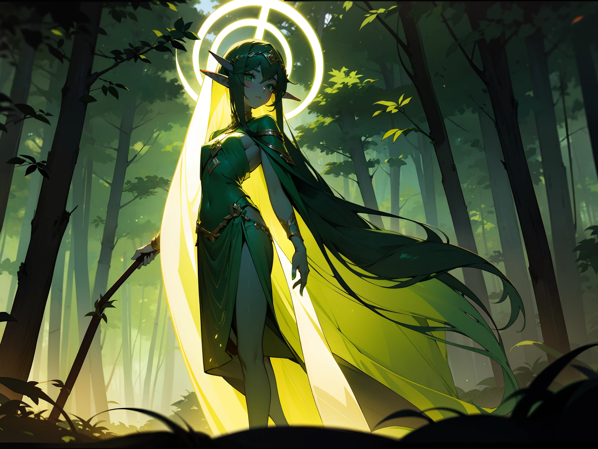 silhouette of a goddes elf with green skin with long hair walking in a forest at night with a halo on her head,covering your private parts