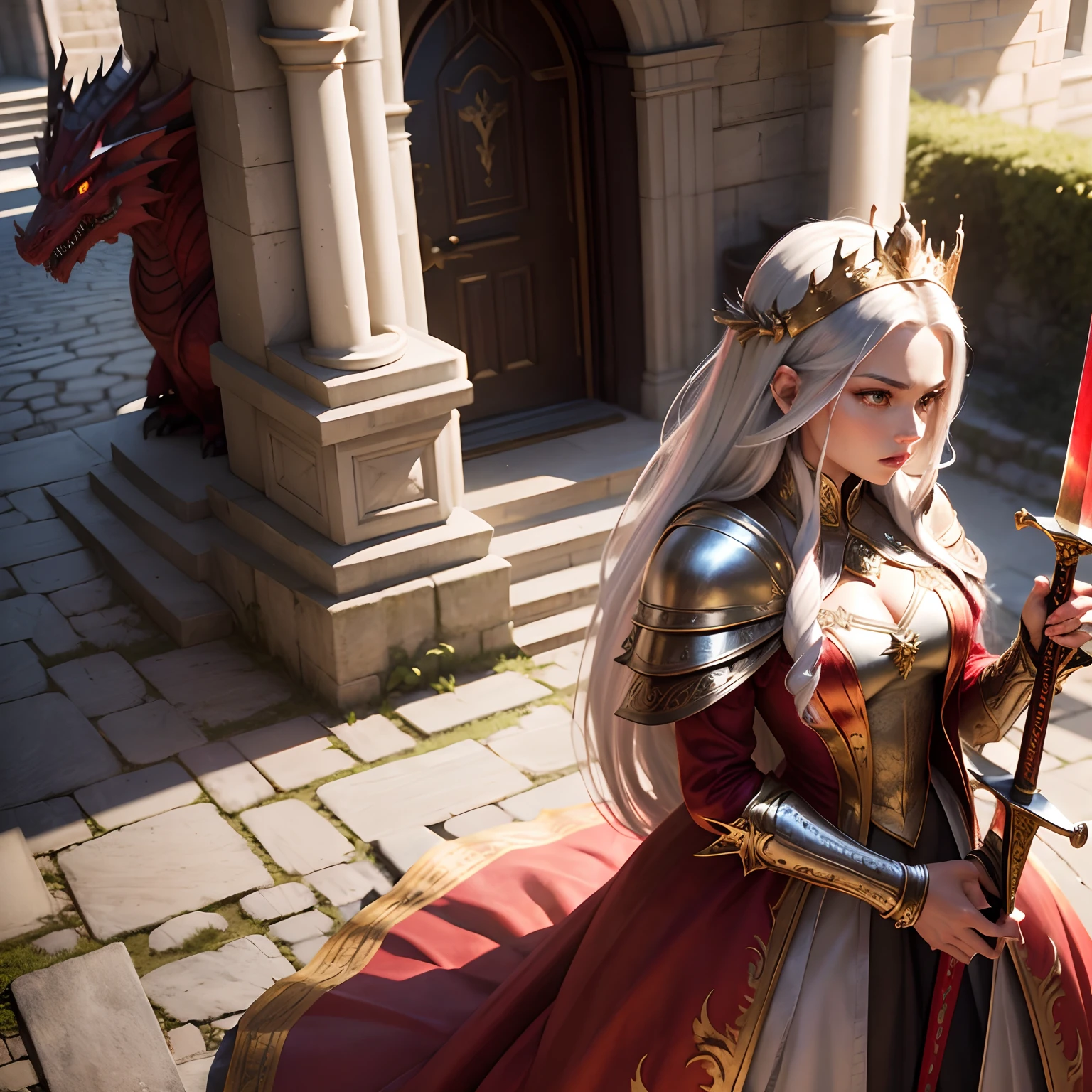 Fierce queen, silver long hair, red highlights, gold dress, red accents, outside front castle, dragon in background, Sun shinning down, holding sword