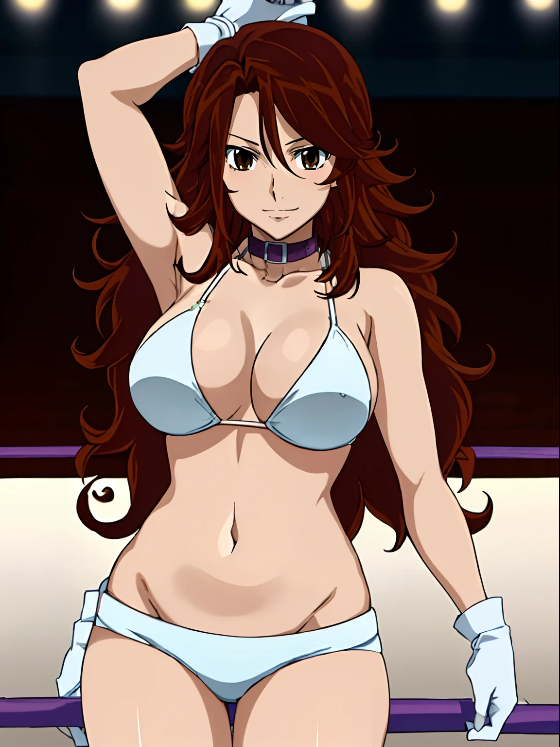 lost match, nice body, , anime style: 1.8, anime drawing, ultra detailed face, ultra detailed body, , 4k, Sumergai Lee Noriega, (standing), best quality, anime style, hires, highest definition, digital blending, bold drawing lines, ((slim waist, female wrestler), (location: wrestling arena, crowds watching), ( (starving), athletic , little biceps, thighs, off-shoulders, (curvy: 6.8), lighting, spot lights, very shiny skin), ((white bikini, shorts, groin, , white gloves, collar, belt)), victorious, winner, , (very big round breasts, smile), (big eyes, brown eyes), (clapping), (brown hair, loose hair, curly hair, wavy hair, long hair, missy hair), 27 years old, (leaning)