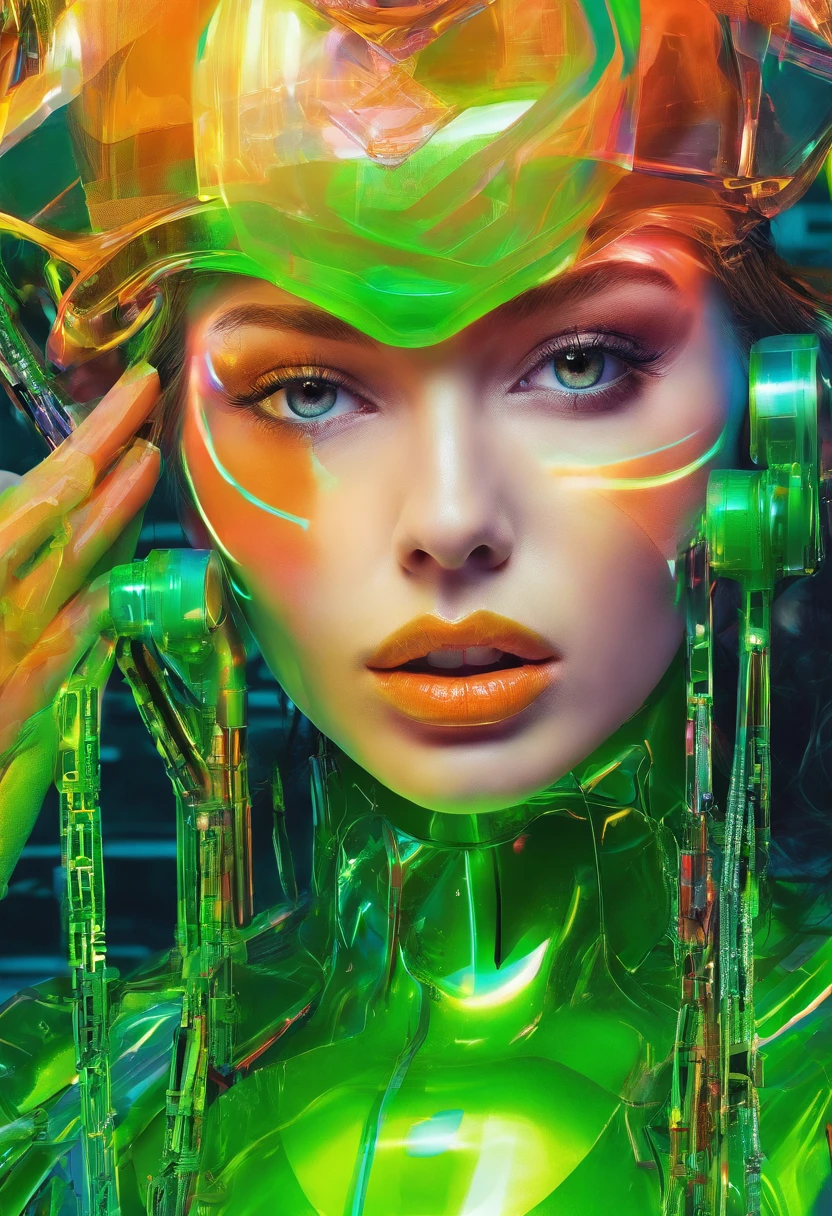 Close up photo portrait a woman with bright green paint, wearing chains, in the style of neon realism, colorful fantasy realism, dark orange and light green, colorful realism, comic art, artist ron alan elke ‘i am glowing girl , multilayered realism, uhd image , photography by David LaChapelle,