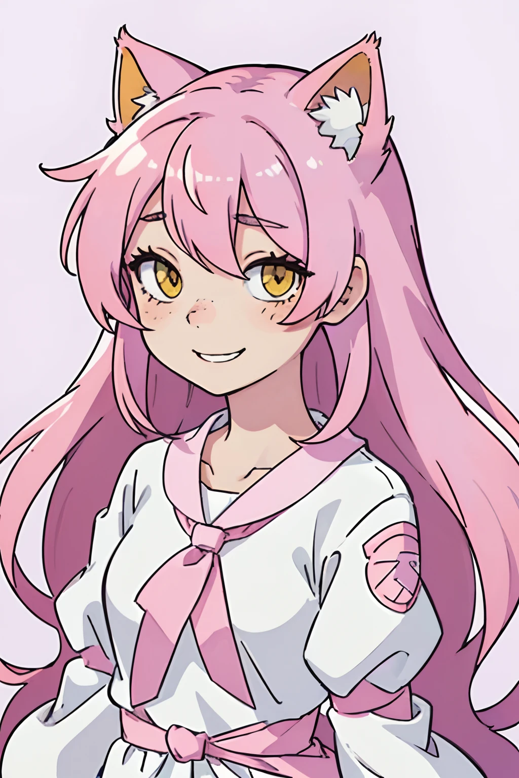 (best-quality:0.8), (best-quality:0.8), female, perfect anime illustration, pink hair, long hair, e-girl, kawaii, pastel colors, very pale white skin, smile, cat ears, freckles, yellow eyes
