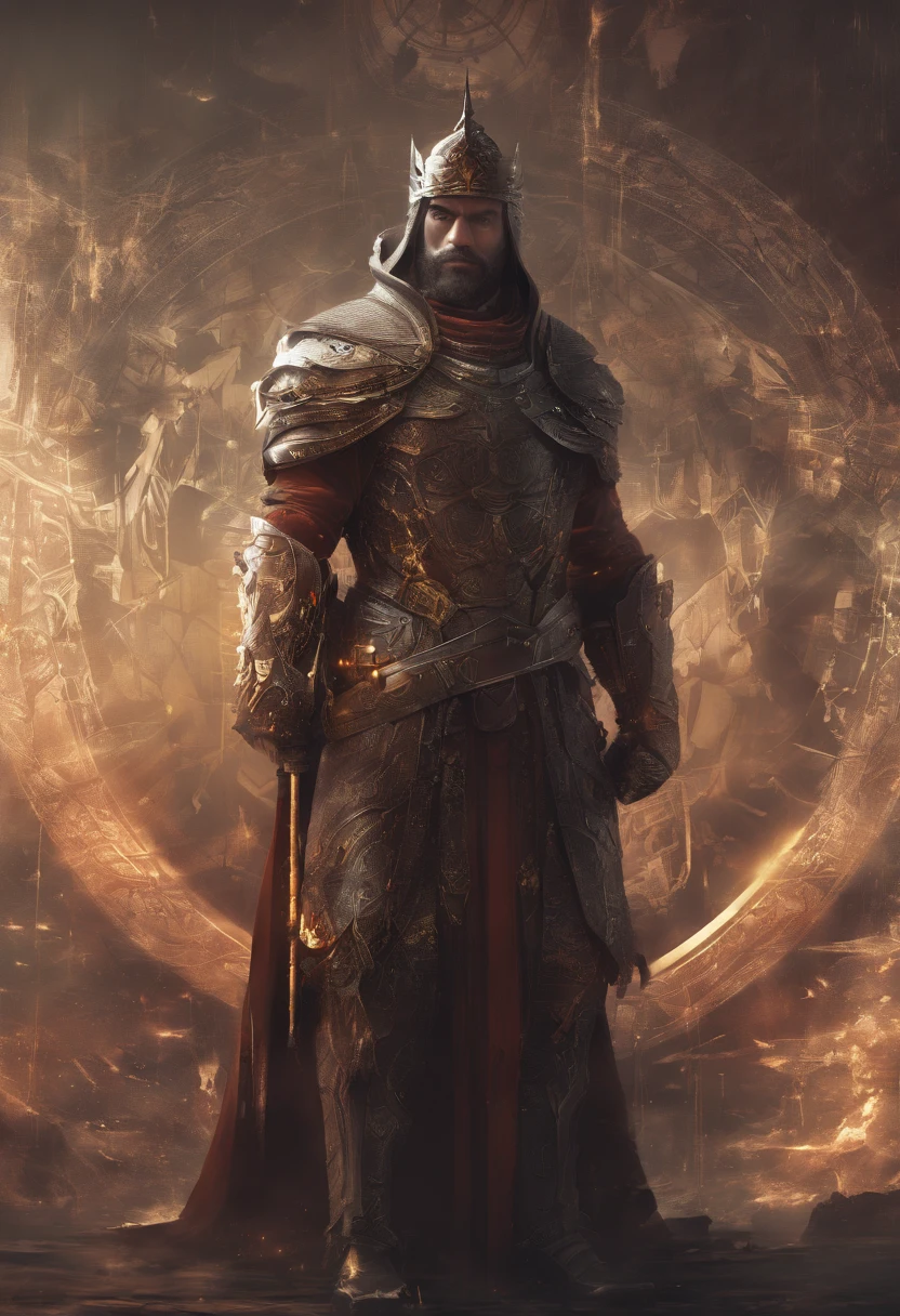 personagem centrado de um mensageiro do rei Arthur falando com o rei Arthur, O fundo da imagem deve ser escuro centralizando o caractere em qualidade 4K
