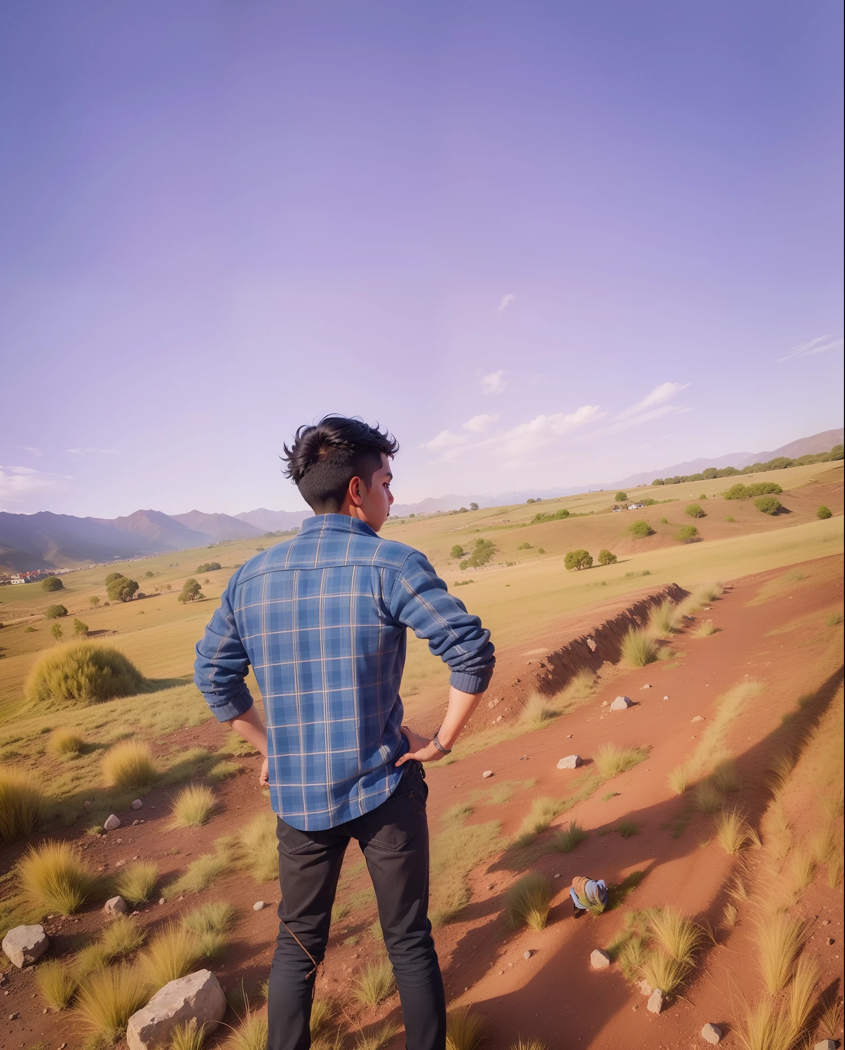 boy from Upper Peru standing, Desde los Andes, agricultor , view from back, Cold weather, ropa tradicional antigua andina humilde y ajada