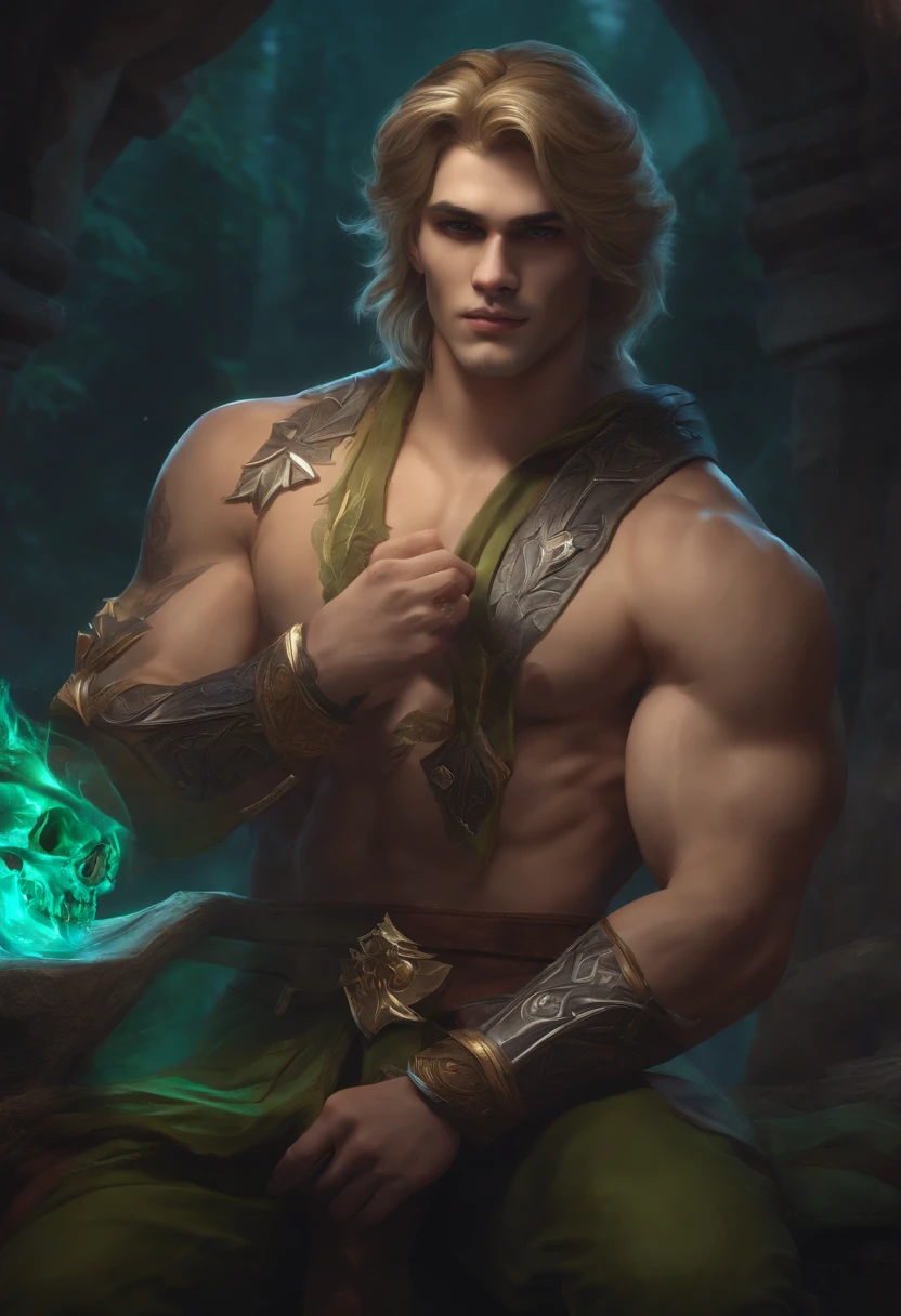 Viego's League of Legends champion with a naked torso and a skull in his hands