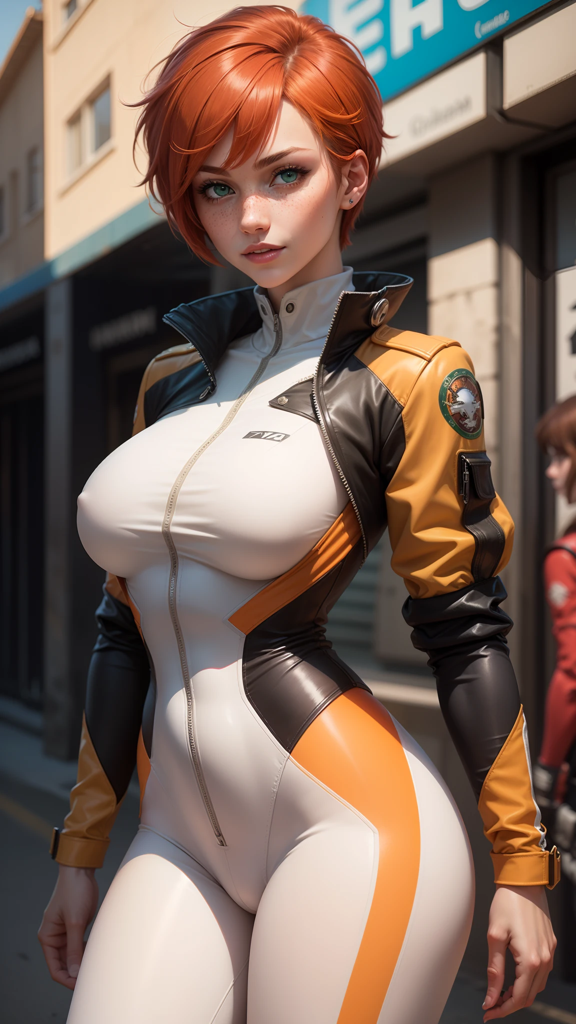 gwen tennyson,tracer,hinata,rebecca chambers,overwatch,gundam,1girl,close up,mecha pilot,space port,orange and pink plugsuit,aviator jacket,hair pin,pirate corset,white long sleeve lycra top,white leggings,short hair,war makeup,green eyes,orange hair,hair highlights,shy smile,freckles,redhead,beautiful girl,large breasts,ultra detailed,realistic,fantasy art,