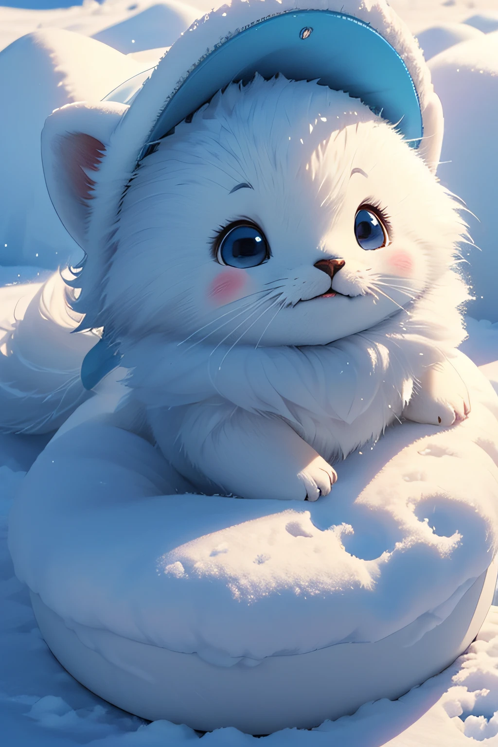 cute harp seal with fluffy fur wearing a snapback hat, lying flat down in snow, head and body covered in a pile of snow, snowing in the arctic, vivid colors, 3d render, bright lighting, vivid colors, grinning from ear to ear,