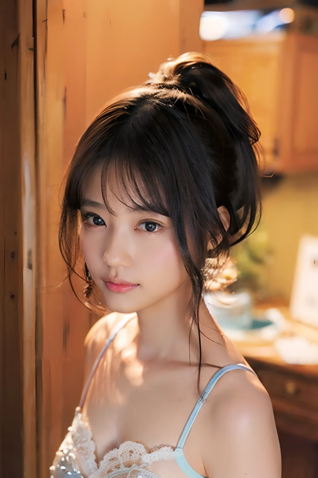 ((top-quality、8K、masuter piece:1.3))、1 female、Beautiful navel、beautiful thigh、Beautiful ass、beautful view、sexy panties、Beautiful girl emphasizing slender abs:1.3、(Hairstyle Ponytail、爆乳:1.2)、Plain clothe:1.2、There is a village frame pure、Poolside in summer、Sunflowers、hyperdetailed face、A detailed eye、Double eyelids、bra very、pantiy