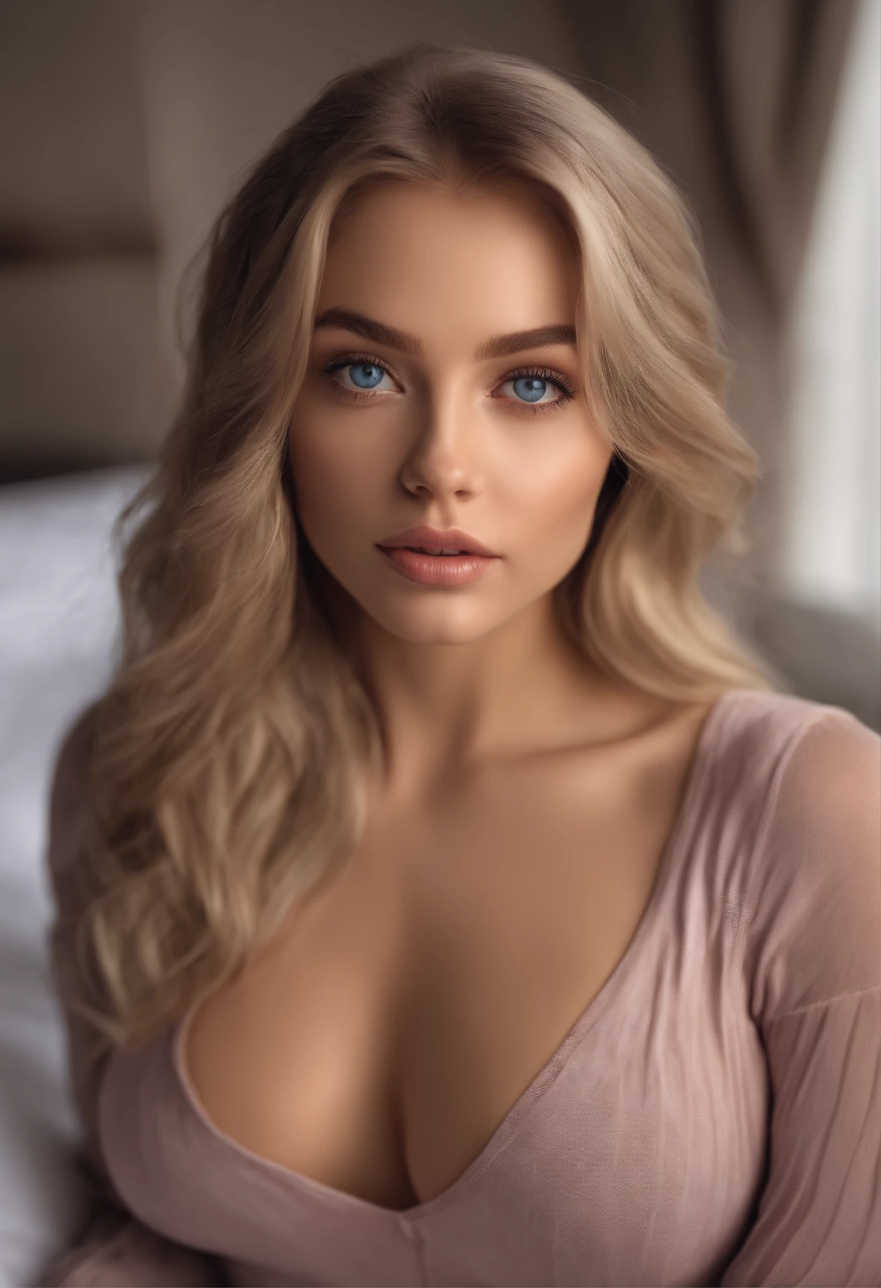 arafed woman fully , sexy girl with blue eyes, ultra realistic, meticulously detailed, portrait sophie mudd, blonde hair and large eyes, selfie of a young woman, bedroom eyes, violet myers, without makeup, natural makeup, looking directly at the camera, face with artgram, subtle makeup, stunning full body shot kneeling on bed, in bedroom, medium to large size bust