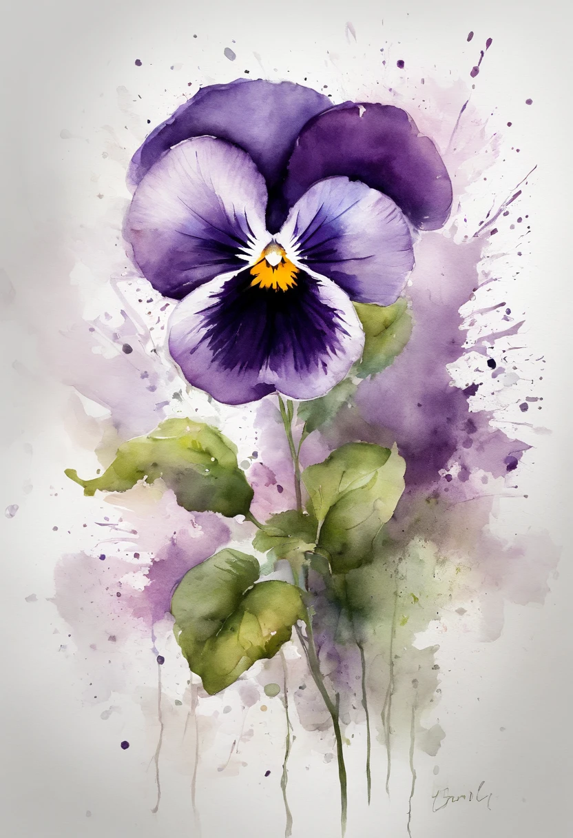 painting of a purple pansy with a splatter background and spray paint effect, by Eugeniusz Zak, watercolor art, by Károly Lotz, watercolor painting, watercolor painting style, watercolor detailed art, by Reuben Tam, watercolor digital painting, watercolor paint, masterfully detailed watercolor, watercolor art, Grzegorz Rutkowski