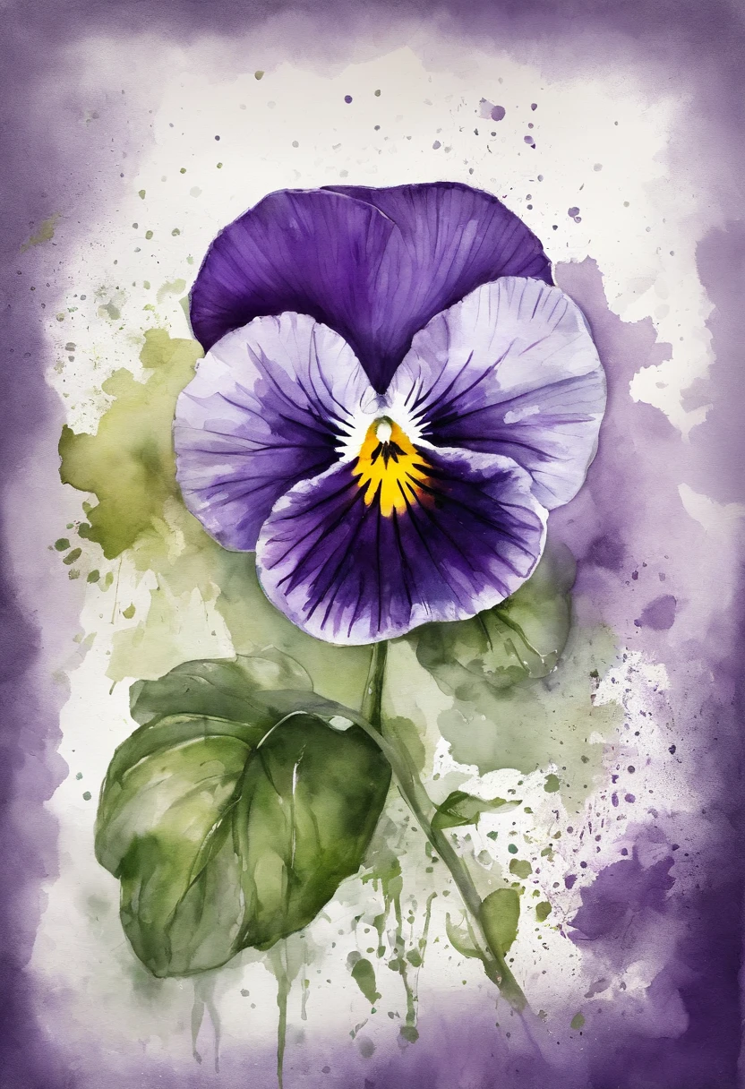 painting of a purple pansy with a splatter background and spray paint effect, by Eugeniusz Zak, watercolor art, by Károly Lotz, watercolor painting, watercolor painting style, watercolor detailed art, by Reuben Tam, watercolor digital painting, watercolor paint, masterfully detailed watercolor, watercolor art, Grzegorz Rutkowski