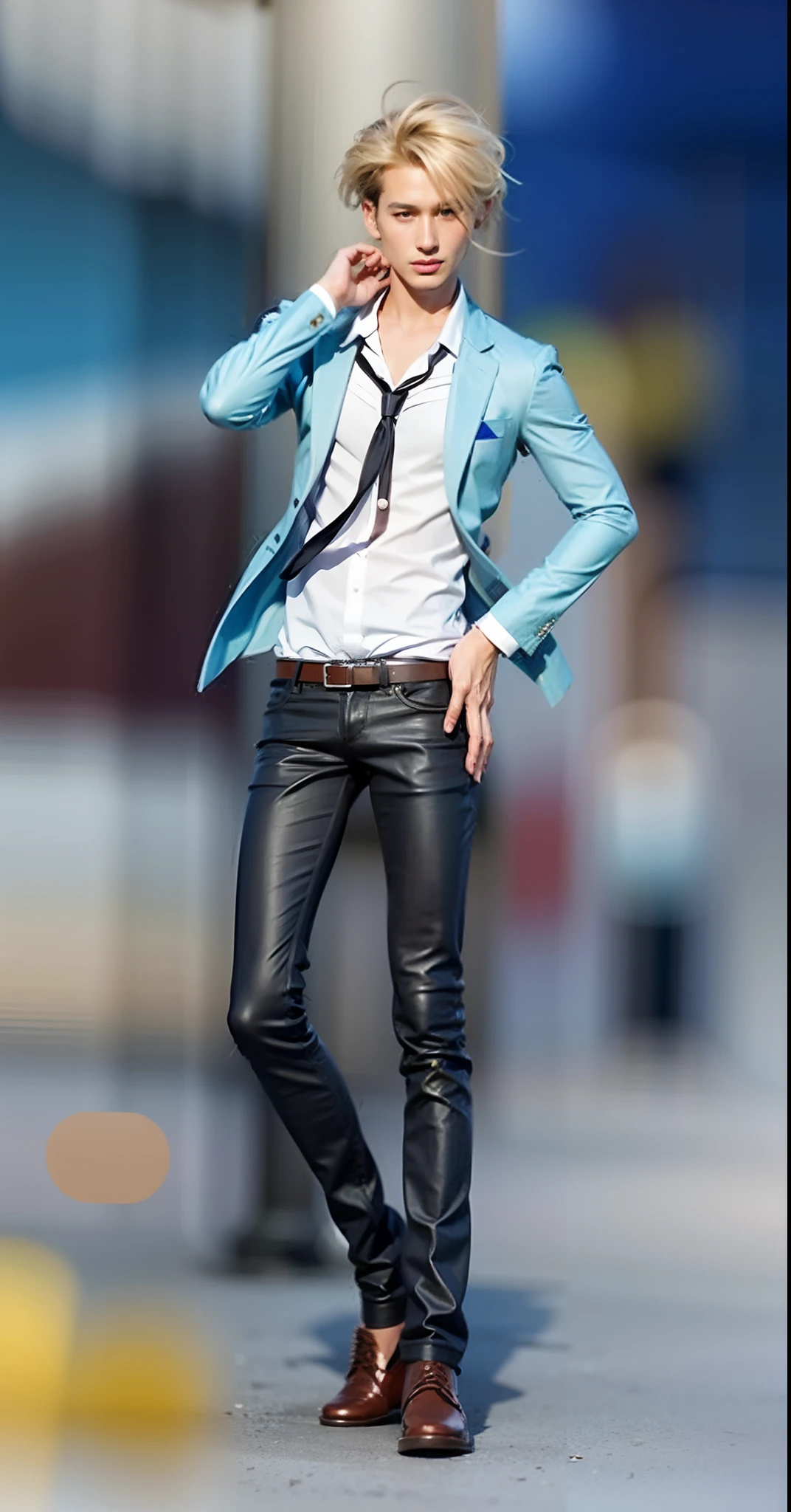 Male oriental character, blonde hair, light blue open shirt, black tie, white t-shirt, black jeans, brown shoes