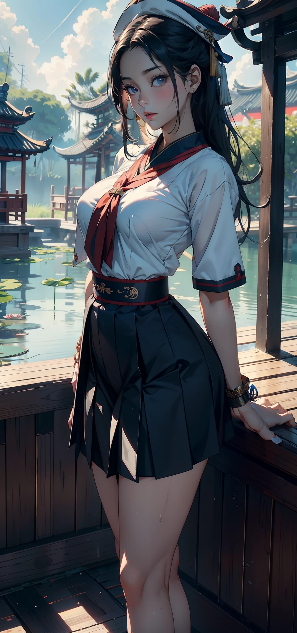 1female,35yo,熟妇,long leges,Big breasts Thin waist,Slim,huge-breasted ,Pornographic exposure, 独奏,(Background with:bamboo forrest,lotuses,lotus flower,exteriors,Lotus pond) She has short silver-white hair,standing on your feet,Sweat profusely,drenched all over the body,seen from the front, hair straight, mostly cloudy sky,(((tmasterpiece),(Very detailed CG unity 8K wallpaper),best qualtiy,cinmatic lighting,detailed back ground,beatiful detailed eyes,Bright pupils,Black eyes,(Very fine and beautiful),(Beautiful and detailed eye description),ultra - detailed,tmasterpiece,)),facing at camera,A high resolution,ultra - detailed),revealing breasts,Bare genitalia, Bulge,legs are open,Raised sexy,Camel toes,Flushed complexion,Open-mouthed,frontage,high school senior,Sailor's cap(Wearing:Chinese Ancient Times,Sailor uniform,Black collar,Pleated skirt in blue color,athletic sneakers)Full body photo,Show shoes
