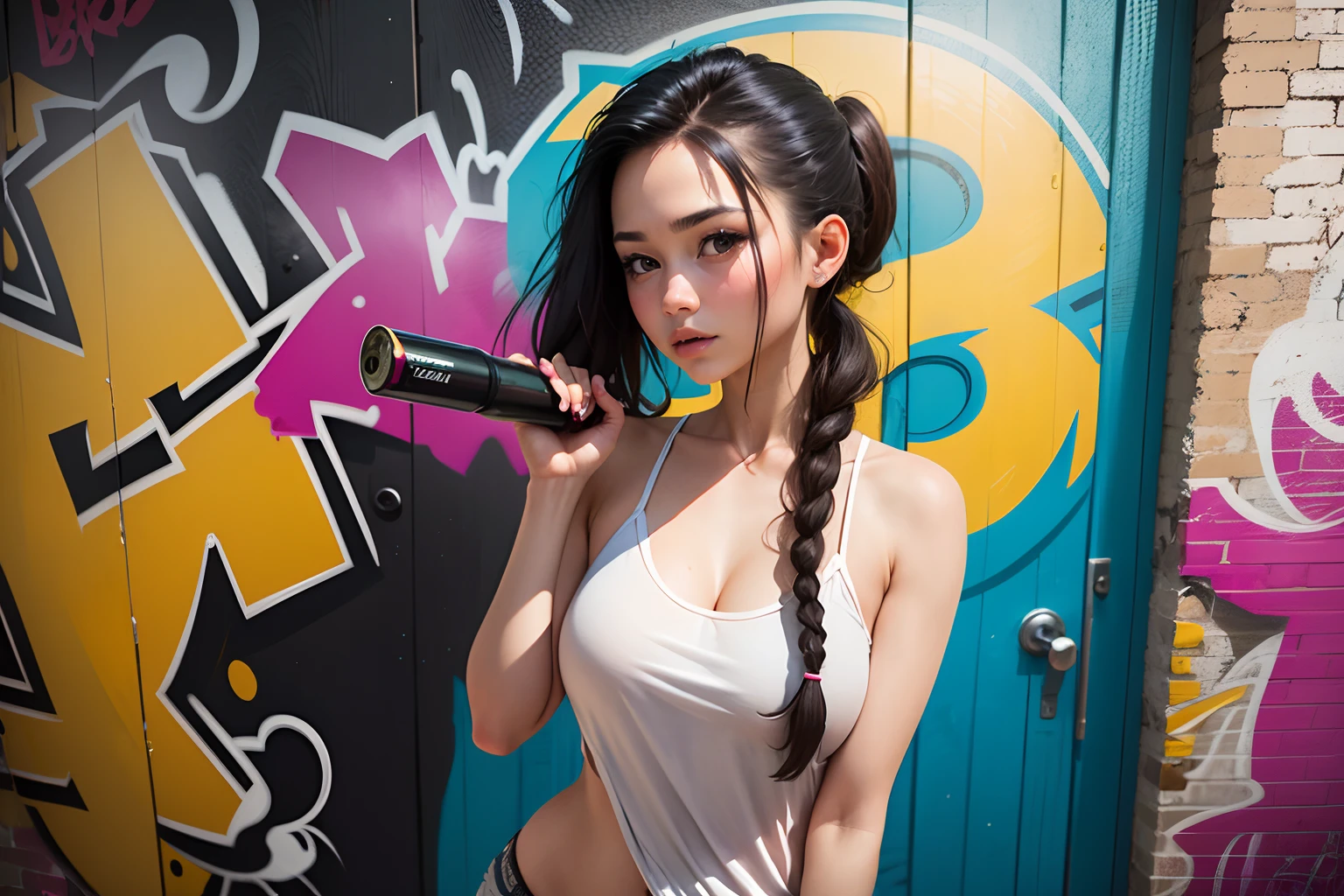 Masterpiece, 1girl, busty woman, standing in front of a graffiti wall, spray can , base cap, long black hair, braided ponytail