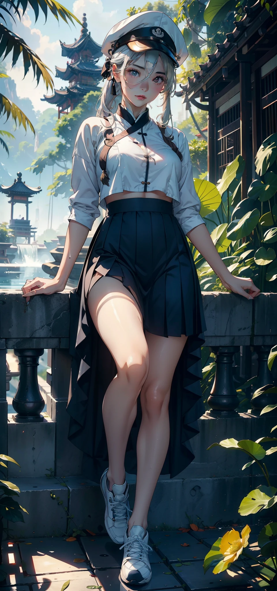 1female,35yo,熟妇,long leges,Big breasts Thin waist,Slim,huge-breasted ,Pornographic exposure, 独奏,(Background with:bamboo forrest,lotuses,lotus flower,exteriors,Lotus pond) She has short silver-white hair,standing on your feet,Sweat profusely,drenched all over the body,seen from the front, hair straight, mostly cloudy sky,(((tmasterpiece),(Very detailed CG unity 8K wallpaper),best qualtiy,cinmatic lighting,detailed back ground,beatiful detailed eyes,Bright pupils,Black eyes,(Very fine and beautiful),(Beautiful and detailed eye description),ultra - detailed,tmasterpiece,)),facing at camera,A high resolution,ultra - detailed),revealing breasts,Bare genitalia, Bulge,legs are open,Raised sexy,Camel toes,Flushed complexion,Open-mouthed,frontage,high school senior,Sailor's cap(Wearing:Chinese Ancient Times,Sailor uniform,Black collar,Pleated skirt in blue color,athletic sneakers)Full body photo,Show shoes