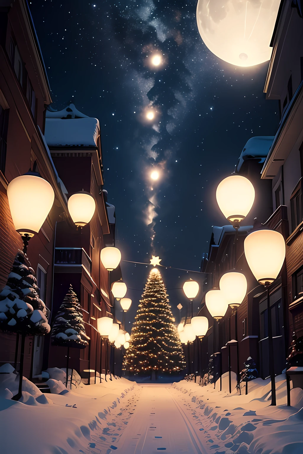 christmas in space trees moon balloons snow road street lights starry sky