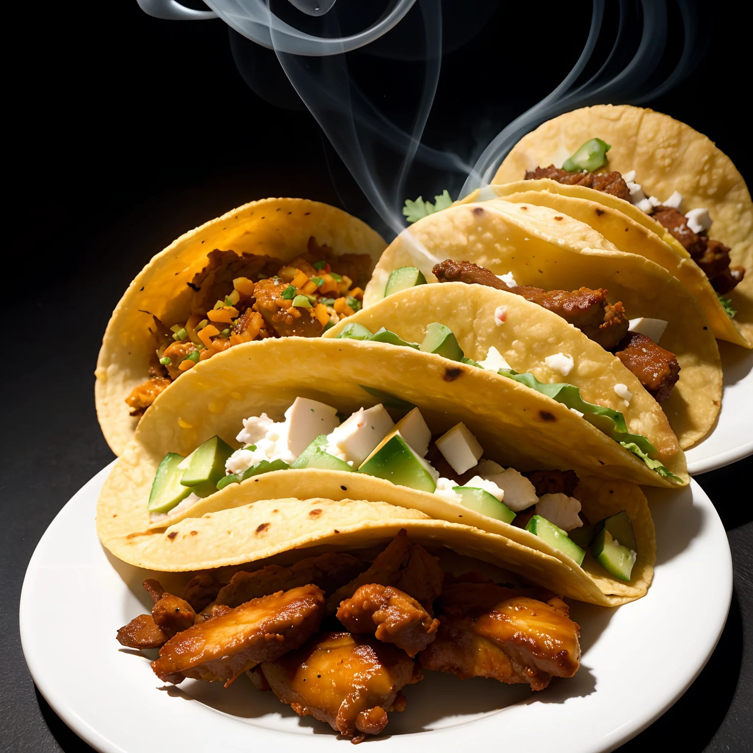 Tacos, dark background, quality photo, fried chicken, studio photo, smoke