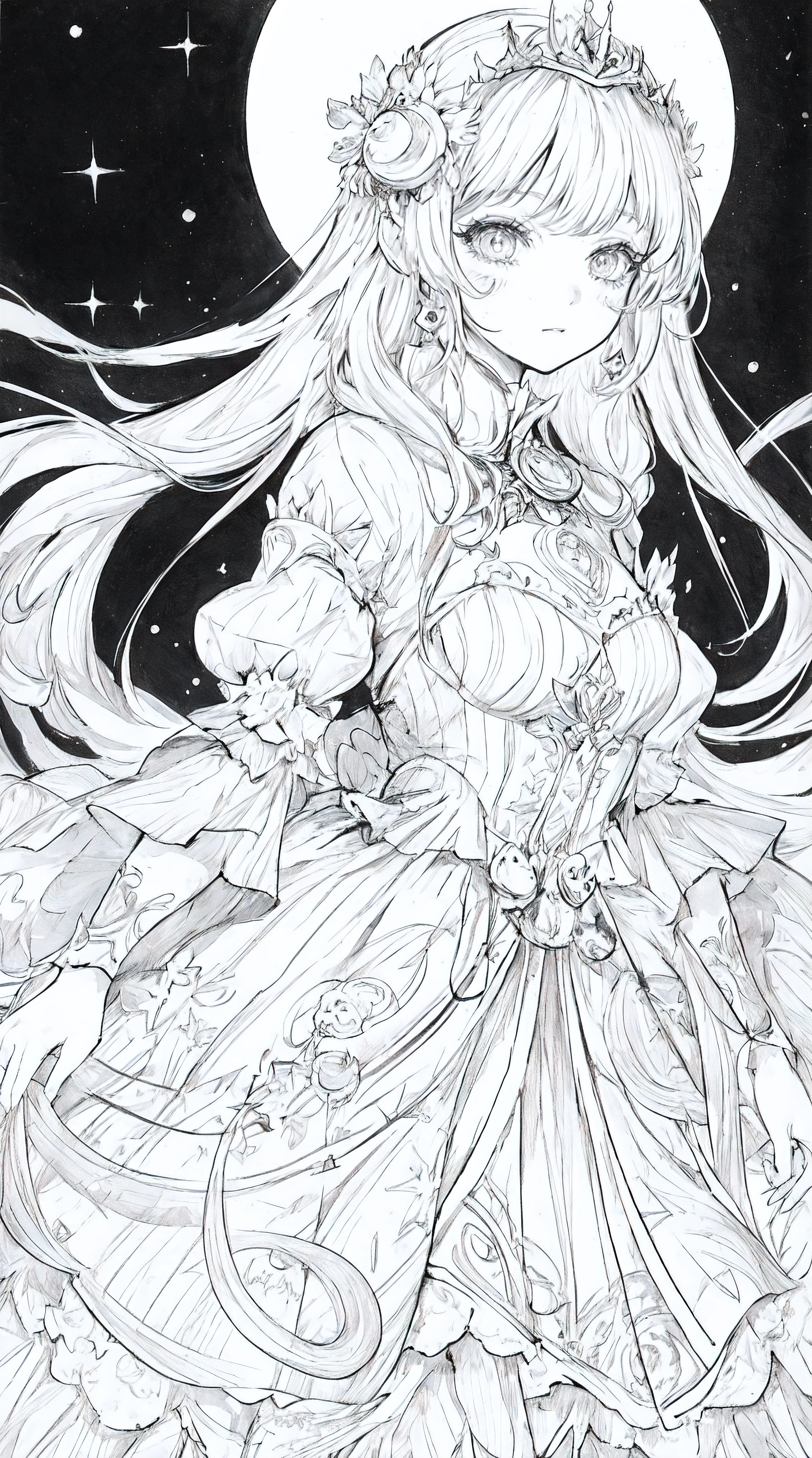 (Line Art,monochromesketch,Pencil drawing,traditional media:0.9), 1girl, masterpiece, best quality, the space princess of the moon