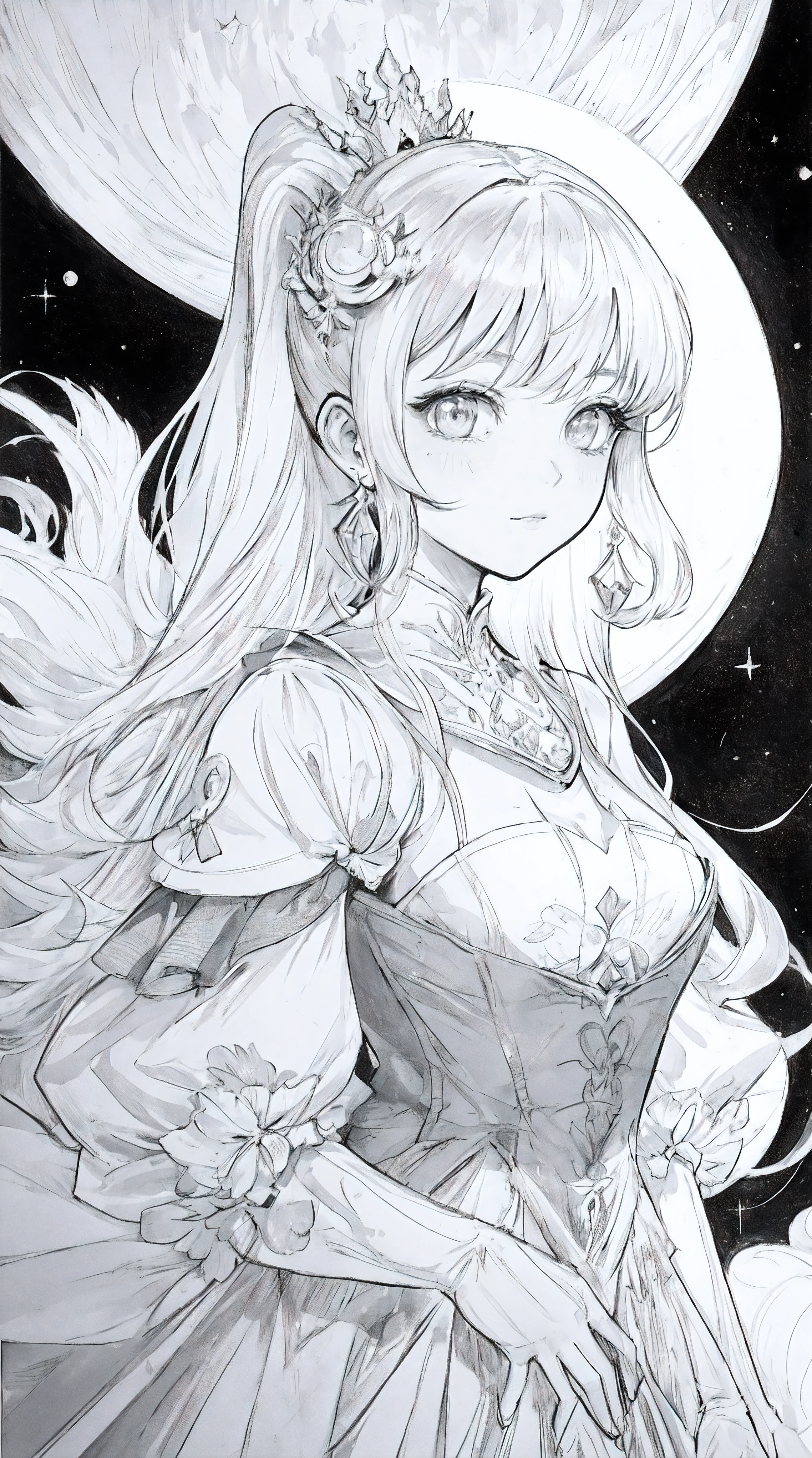 (Line Art,monochromesketch,Pencil drawing,traditional media:0.9), 1girl, masterpiece, best quality, the space princess of the moon