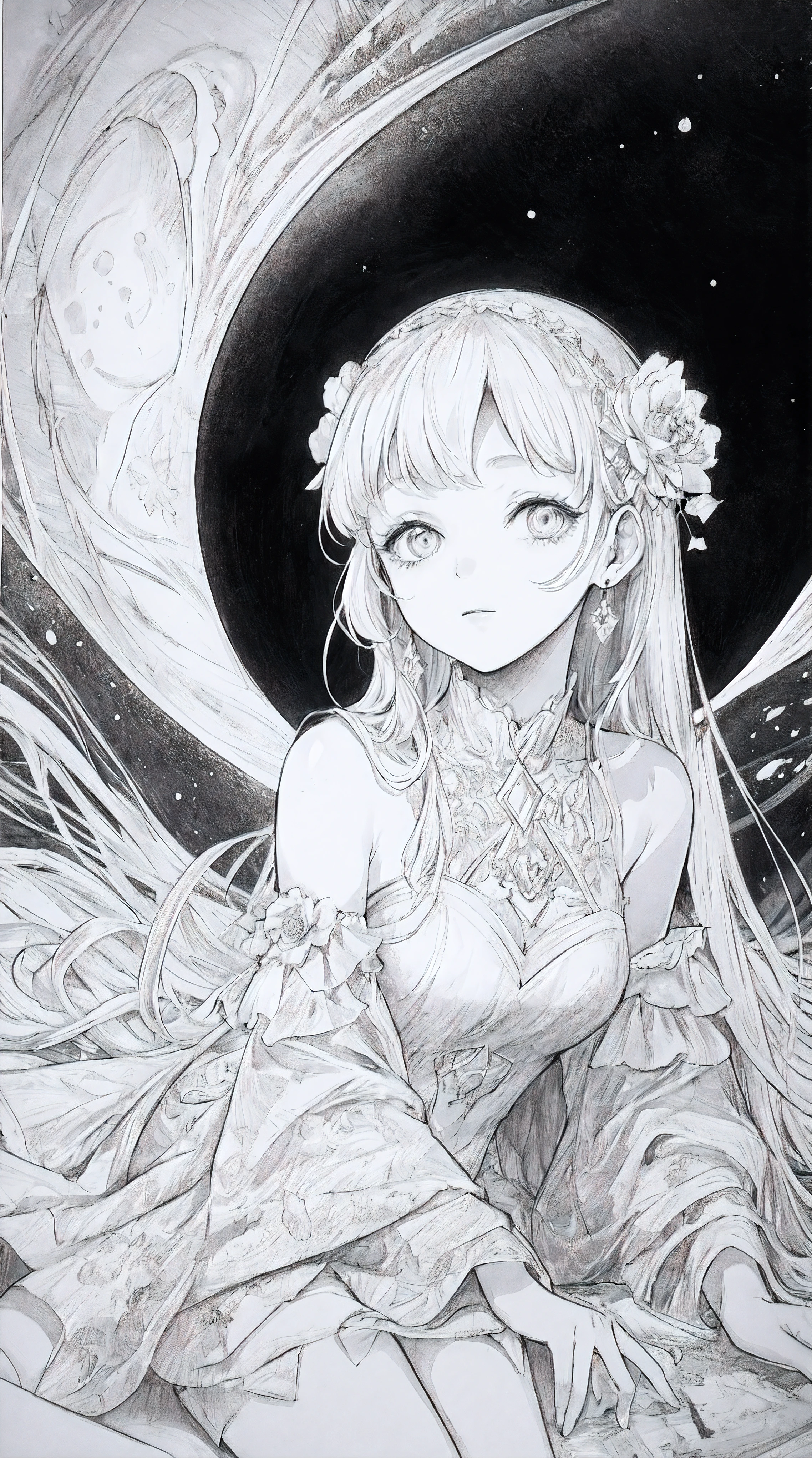 (Line Art,monochromesketch,Pencil drawing,traditional media:0.9), 1girl, masterpiece, best quality, the space princess of the moon