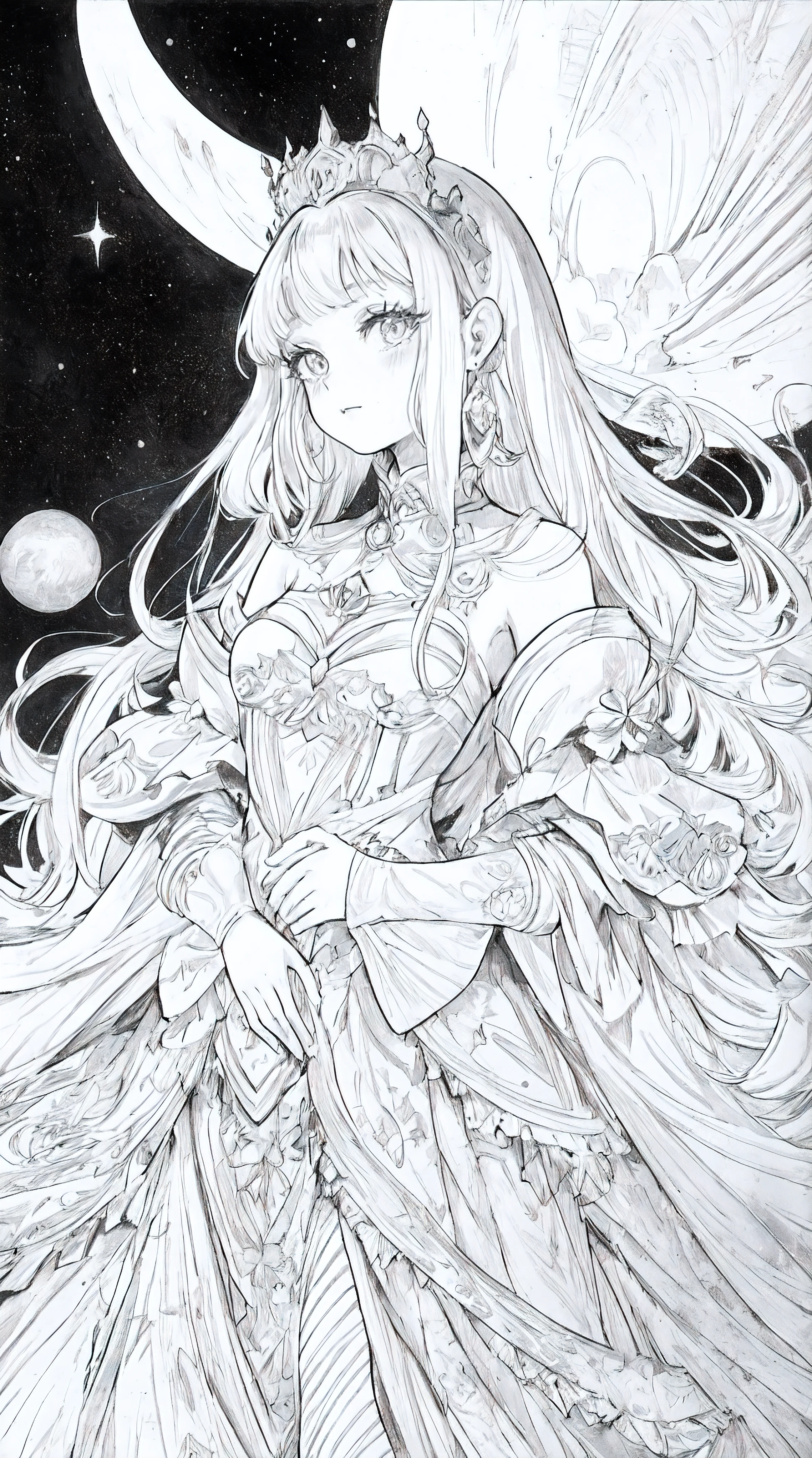 (Line Art,monochromesketch,Pencil drawing,traditional media:0.9), 1girl, masterpiece, best quality, the space princess of the moon