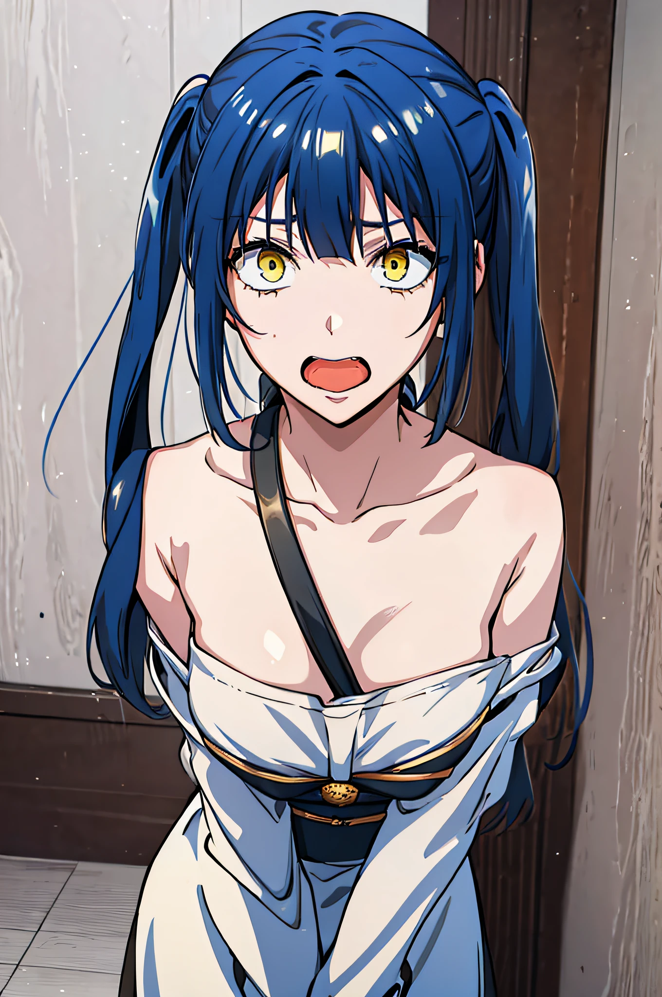 1girlballgag,scared expression open mouth ,blue hair, yellow eyes, twintails