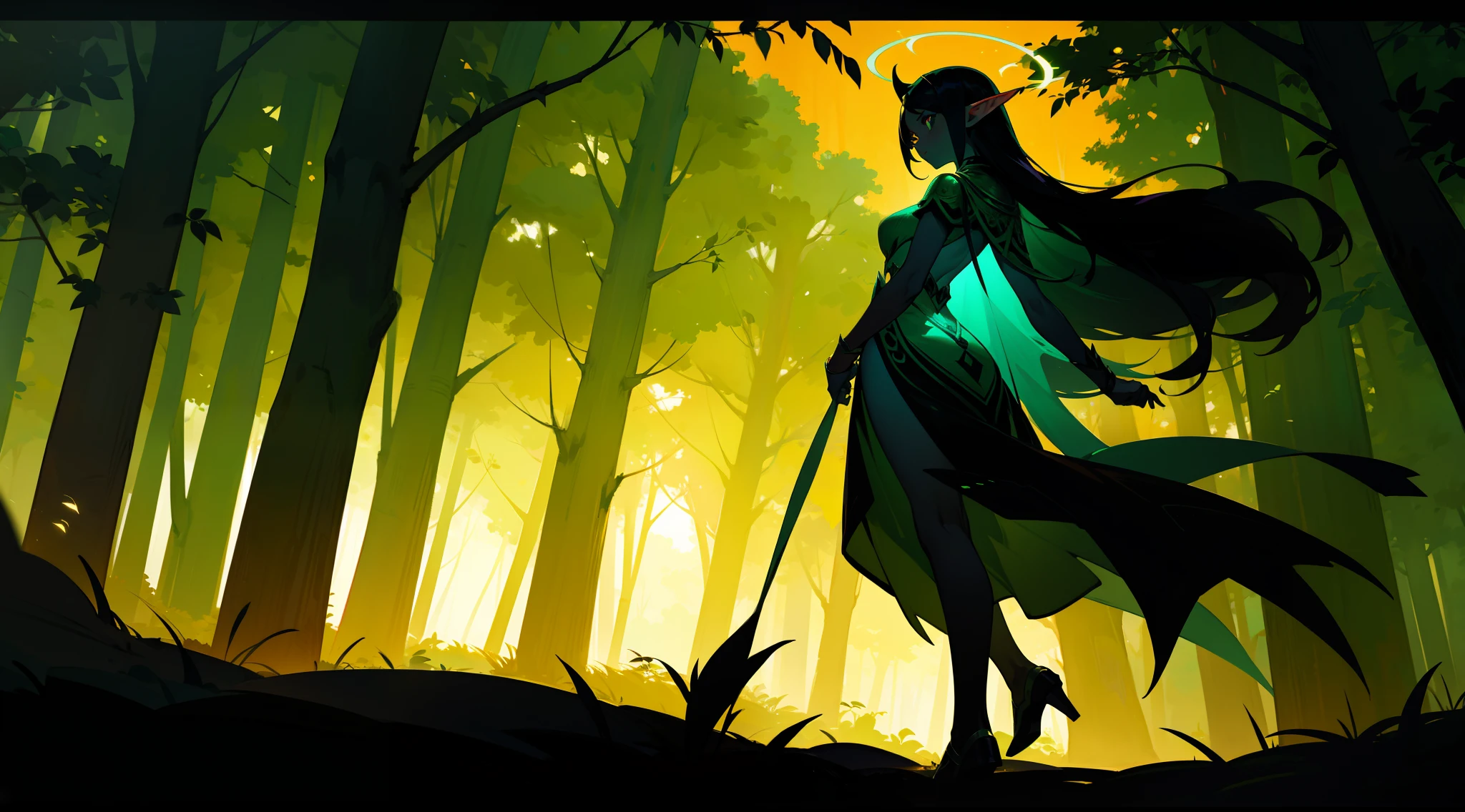 Dark silhouette of a goddes elf with green skin with long hair walking in a forest at night with a halo on her head,