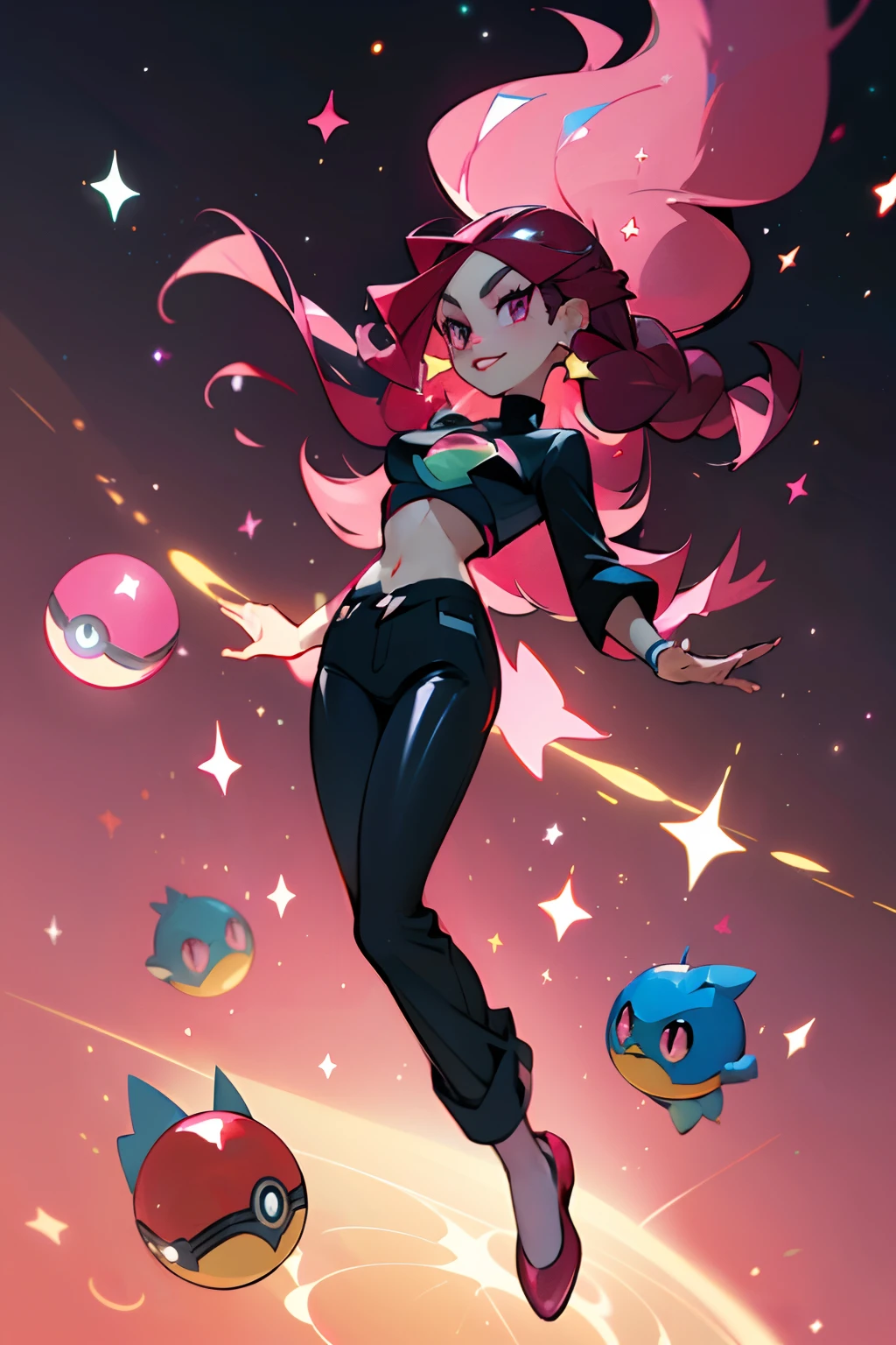 (best quality, masterpiece, pokemon style), 1girl, galaxy, glitter, particle, wind, stars, simple pink background, looking at viewer, smile, dramatic angle, (super long red hair, shiny hair), (shiny pink eyes), black strapless heels, black crop top, black pants, busty, cleavage, red lipstick, levitating, floating pink pokemon balls