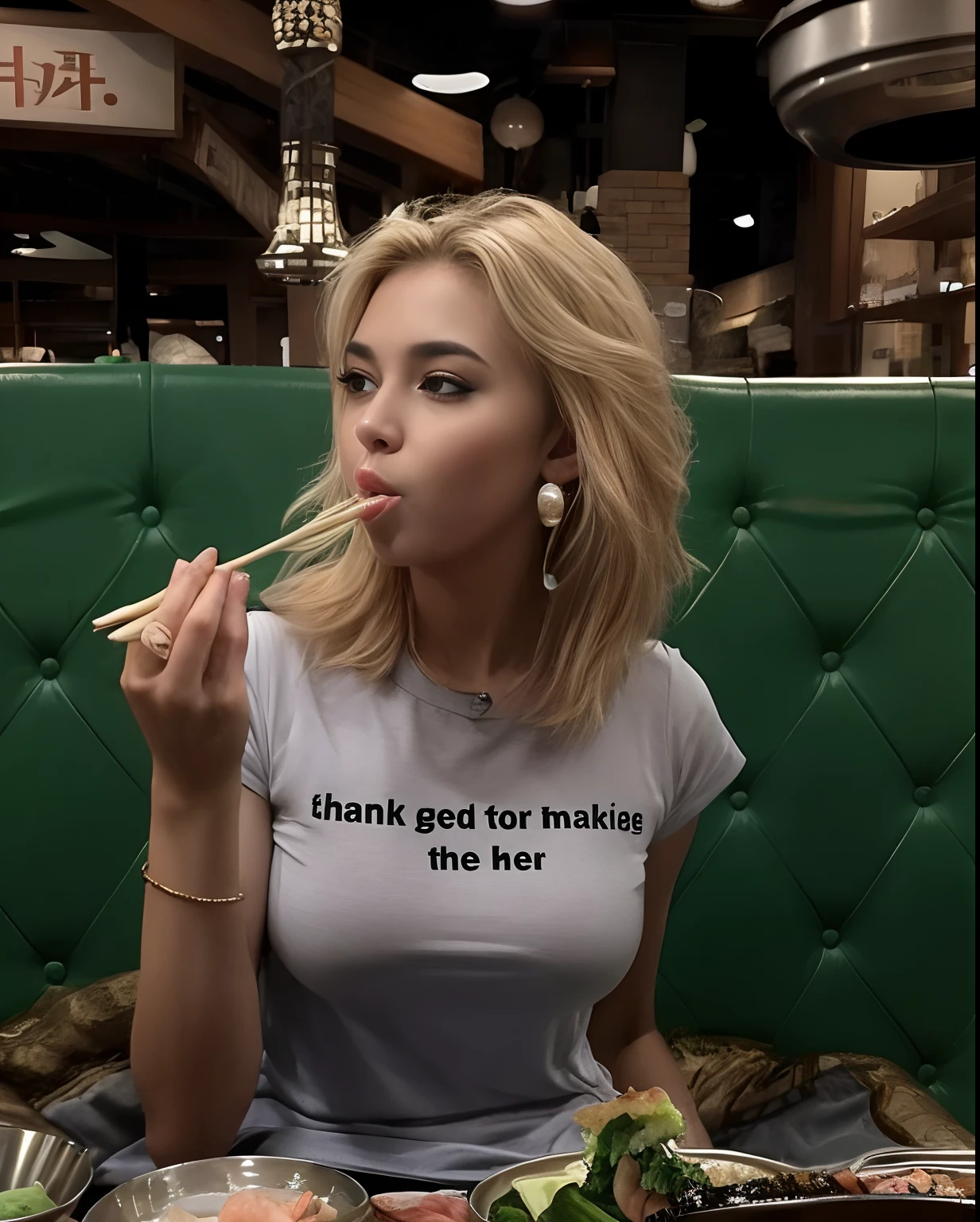 Sexy girl, big boobs, eating sushi,