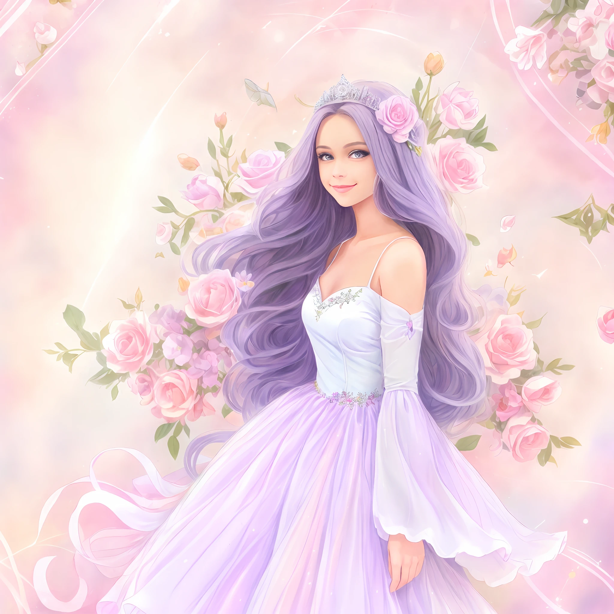 Beautiful girl smiling in bright lilac glitter dress