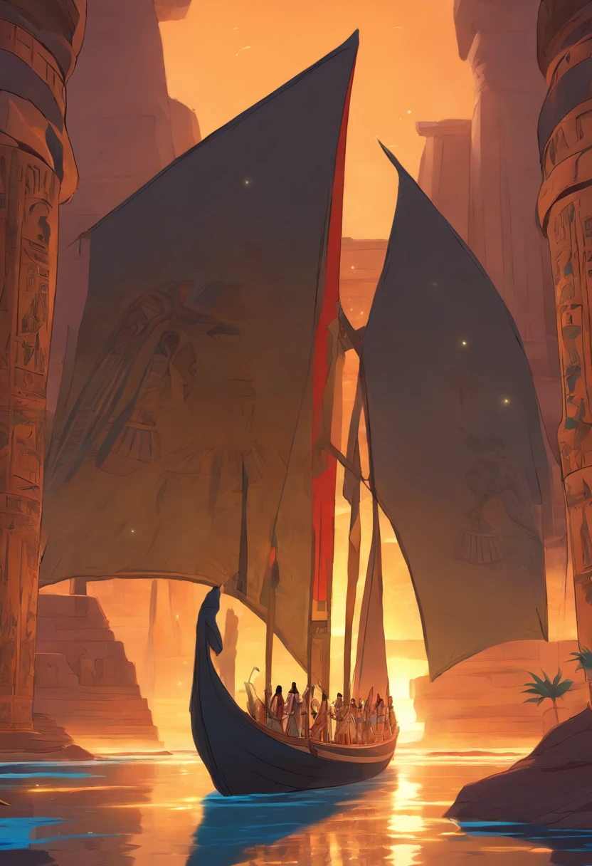 (((Egyptian boat))) best quality, very high resolution, 4K detailed CG, masterpiece, Egyptian mythology, boat, Egyptian canoe, Ancient Egypt, underworld, Egyptian boat, night, Nile river, stream, river, desert , ancient Egypt, ((River of the Underworld)), desert at night, aesthetic, Beautiful image, centered on the screen