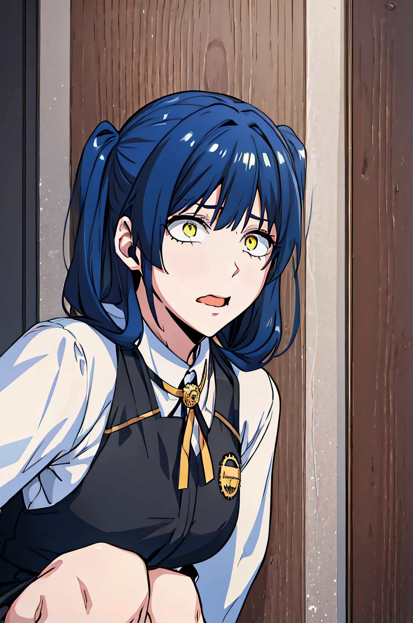 1girlballgag,scared expression open mouth ,blue hair, yellow eyes, twintails