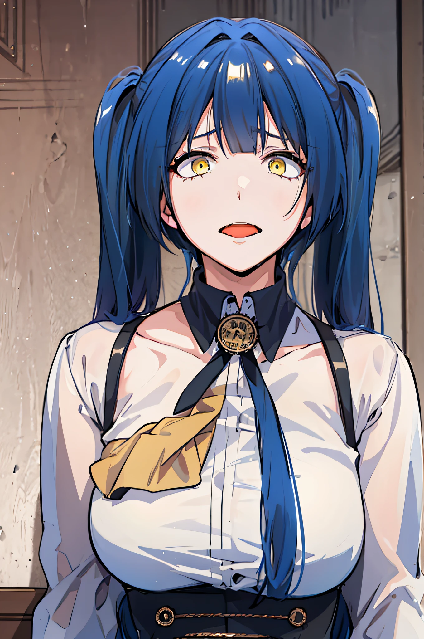 1girlballgag,scared expression open mouth ,blue hair, yellow eyes, twintails