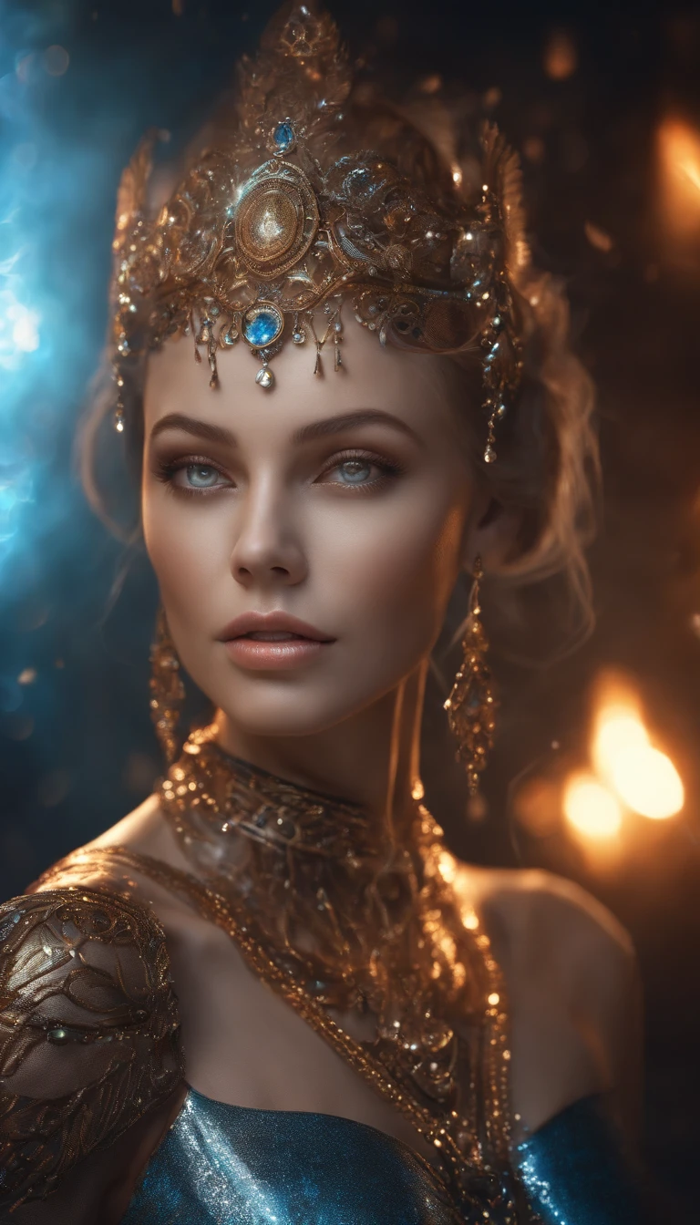 (best quality,4k,8k,highres,masterpiece), ultra-detailed,(realistic,photorealistic,photo-realistic), angelic woman with a mechanical body, cybernetic limbs and features,beautiful detailed eyes,beautiful detailed lips,silver metallic skin, sparkling eyes, vibrant flames, powerful aura, intense energy, flaming feathers[Best quality], detailed metallic textures, glowing effects, dynamic composition, vibrant colors, ethereal lighting. (cosmic,celestial) powers and explosions,supernatural beauty,transformative experience,spiritual awakening,emerging from darkness, glowing circuit patterns,ethereal halo above her head,colorful neon lights reflecting on her body, ethereal atmosphere,evolving forms,divine symmetry,surreal dimensions,illusory effects,luminous aura,intense heat and flames,dazzling light rays, serene expression on her face,graceful floating pose,serene and mysterious aura,elusive and elegant,soft color palette with a hint of blue,soft diffused lighting,creating a dreamlike ambiance.