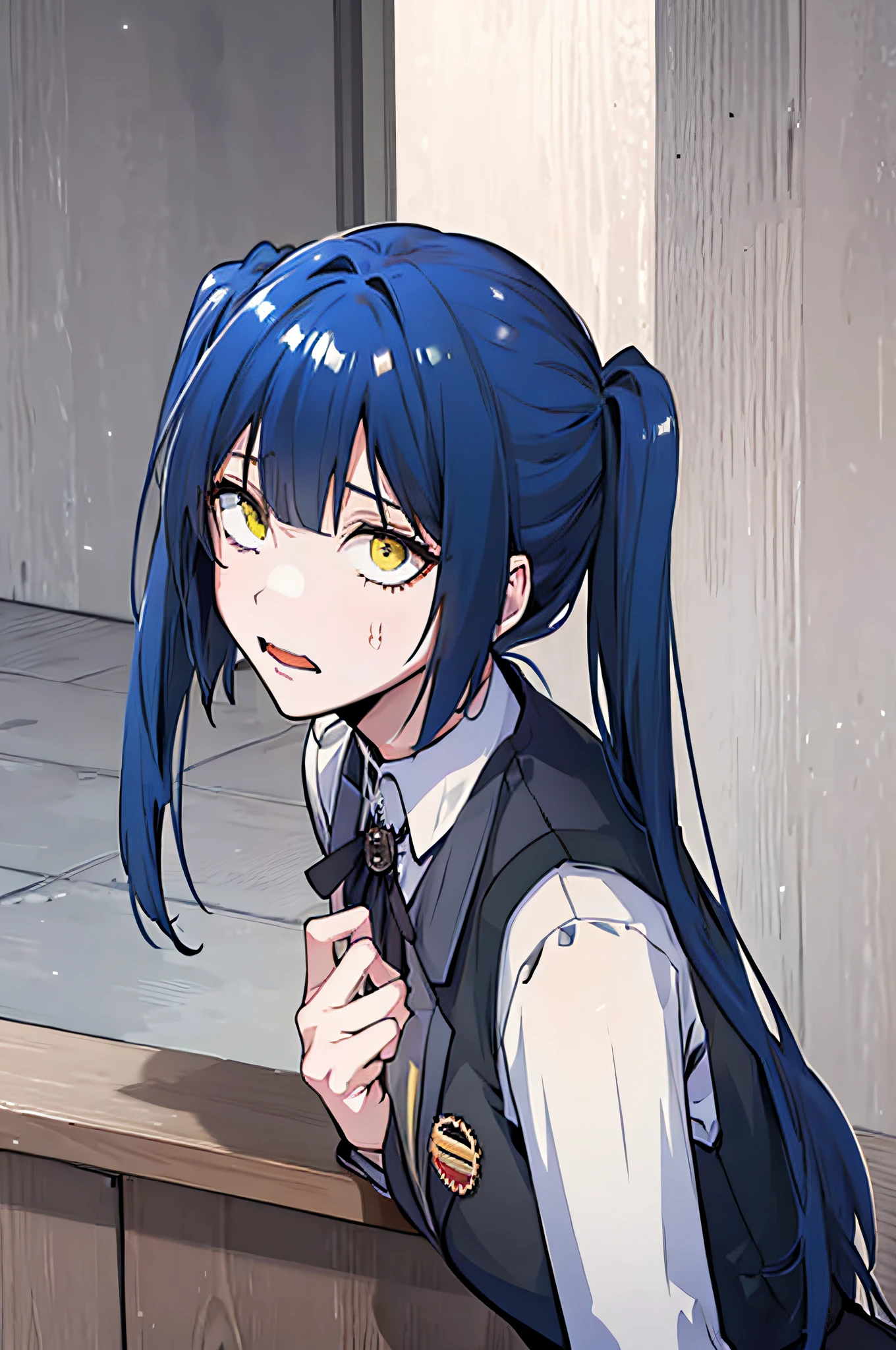 1girlballgag,scared expression open mouth ,blue hair, yellow eyes, twintails