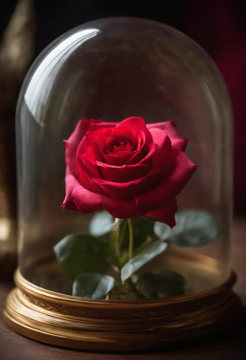 Create a visually stunning image of an elegant dome containing a single red rose. The dome must be designed with refined details, presenting a harmonious balance between classic and contemporary. Emphasize the soft contours of the dome, highlighting its transparency and creating a captivating play of light and shadows. The rose inside the dome must be represented with realistic detail, highlighting its vibrant color and the delicacy of the petals. Utilize uma paleta de cores que realce a beleza da cena e transmita uma atmosfera charmosa e atemporal