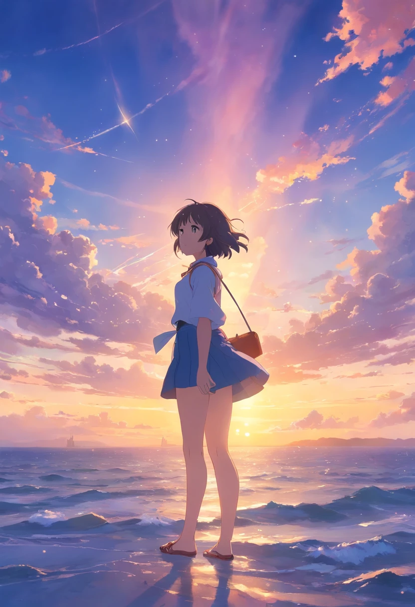 tmasterpiece,best qualtiy,cinematic Film still from,1girl,Violet Evergarden,Floating in the sky,closeup cleavage,brightly,cheerfulness,Warm and soft lighting,the sunset,(spark of light:0.7)