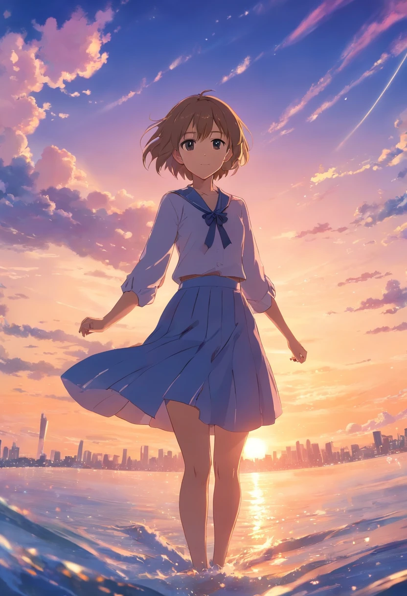 tmasterpiece，best qualtiy，cinematic Film still from，1girl，Violet Evergarden，Floating in the sky，closeup ，brightly，cheerfulness，Warm and soft lighting，the sunset，（spark of light：0.7）