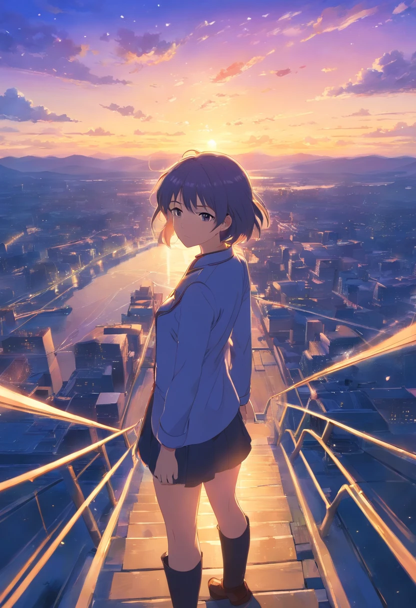 tmasterpiece，best qualtiy，cinematic Film still from，1girl，Violet Evergarden，Floating in the sky，closeup cleavage，brightly，cheerfulness，Warm and soft lighting，the sunset，（spark of light：0.7）