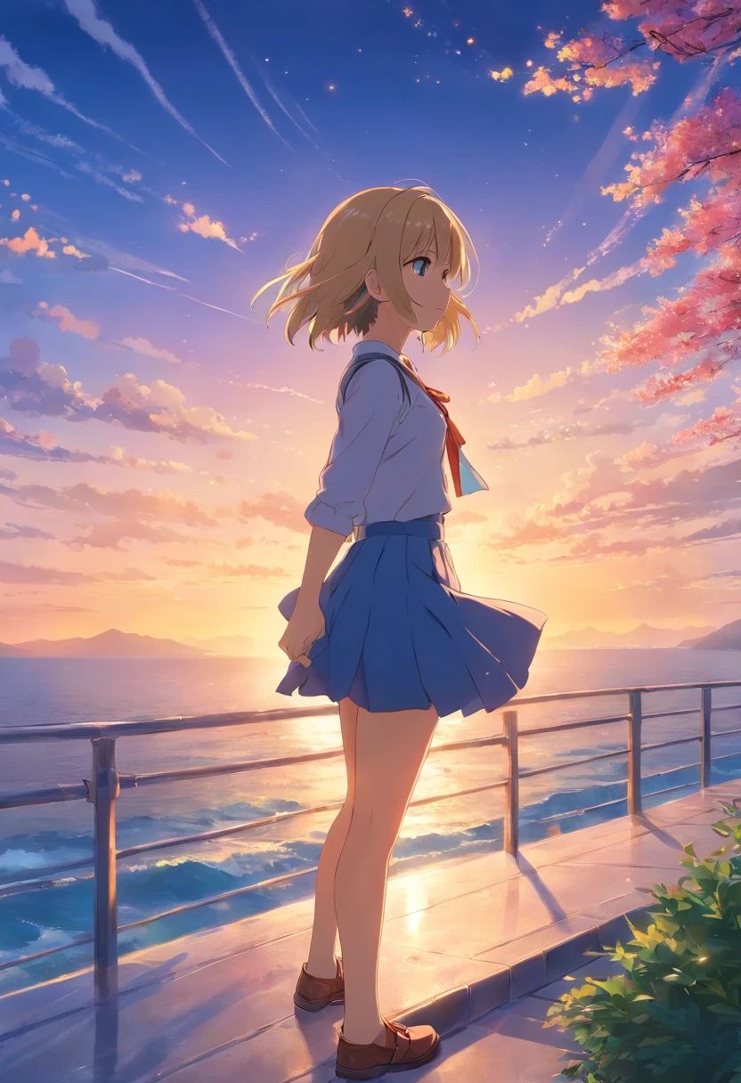 tmasterpiece,best qualtiy,cinematic Film still from,1girl,Violet Evergarden,Floating in the sky,closeup ,brightly,cheerfulness,Warm and soft lighting,the sunset,(spark of light:0.7)
