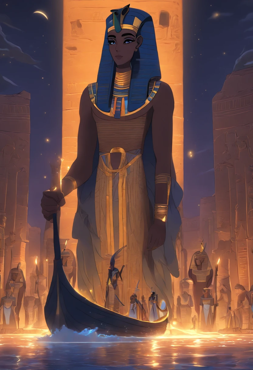 (((Egyptian boat))) best quality, very high resolution, 4K detailed CG, masterpiece, Egyptian mythology, Egyptian canoe, Ancient Egypt, underworld, night, Nile river, stream, river, desert, ancient Egypt, ( (River of the Underworld)), desert at night, aesthetic, Beautiful image, centered on the screen